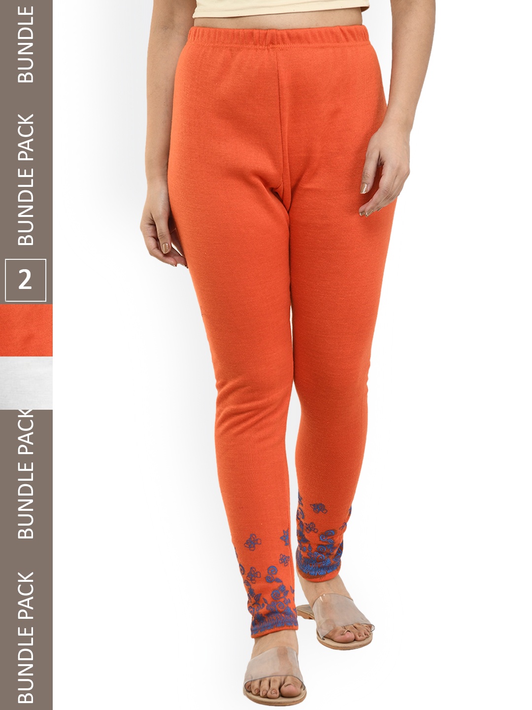 

IndiWeaves Pack Of 2 Printed Woollen Ankle-Length Leggings, Orange