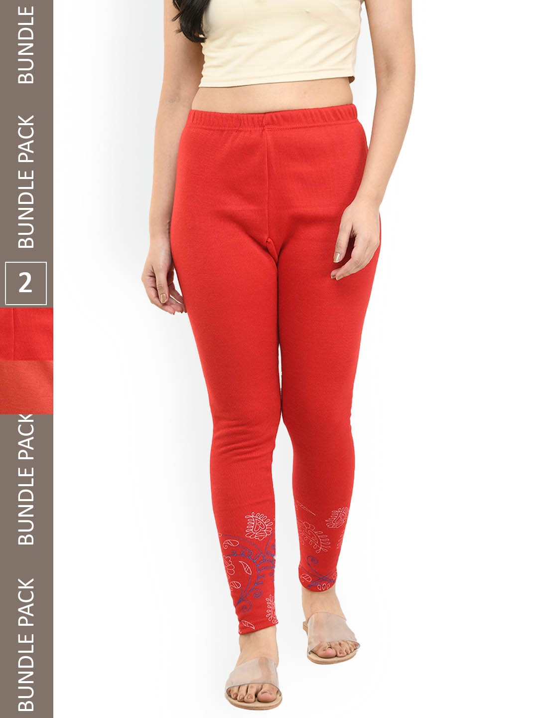 

IndiWeaves Pack Of 2 Printed Ankle-Length Woolen Leggings, Red
