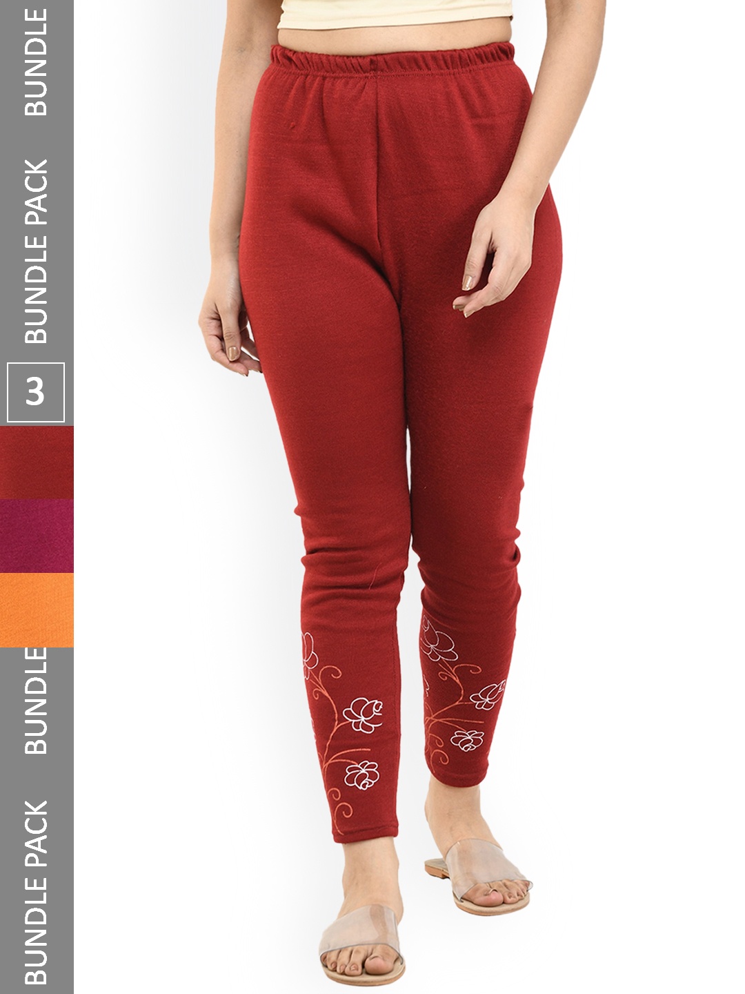 

IndiWeaves Women Pack Of 3 Printed Woolen Warm Ankle-Length Leggings, Magenta
