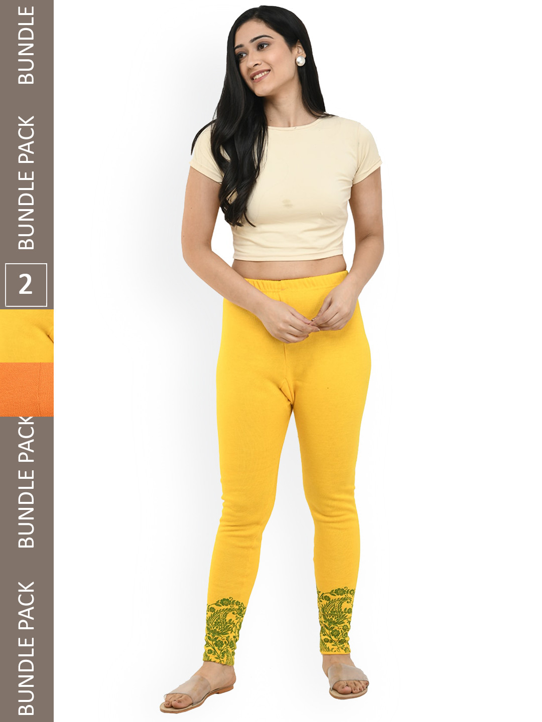

IndiWeaves Pack Of 2 Printed Woolen Warm Ankle-Length Leggings, Yellow
