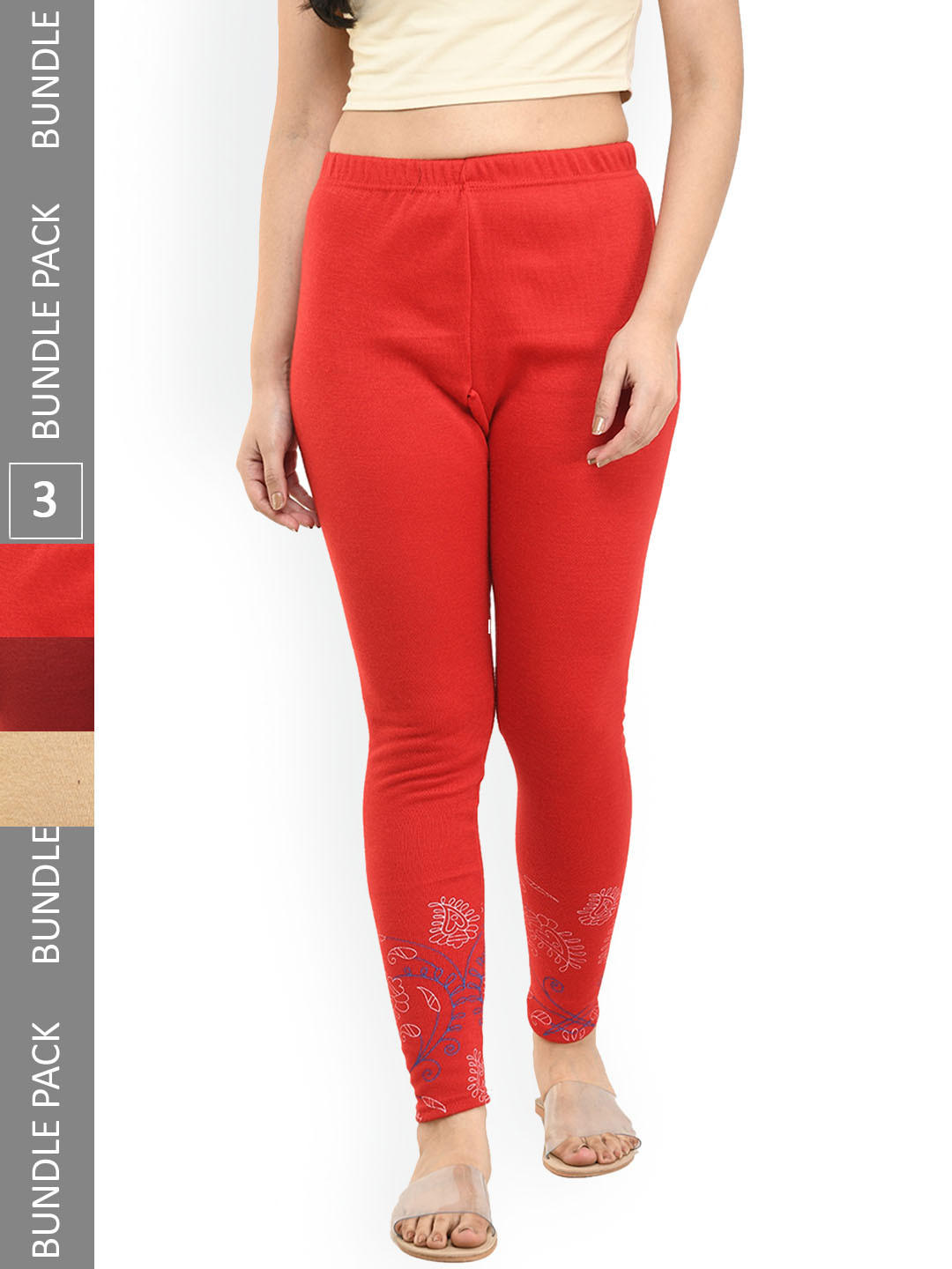 

IndiWeaves Pack Of 3 Woolen Warm Ankle-Length Leggings, Red