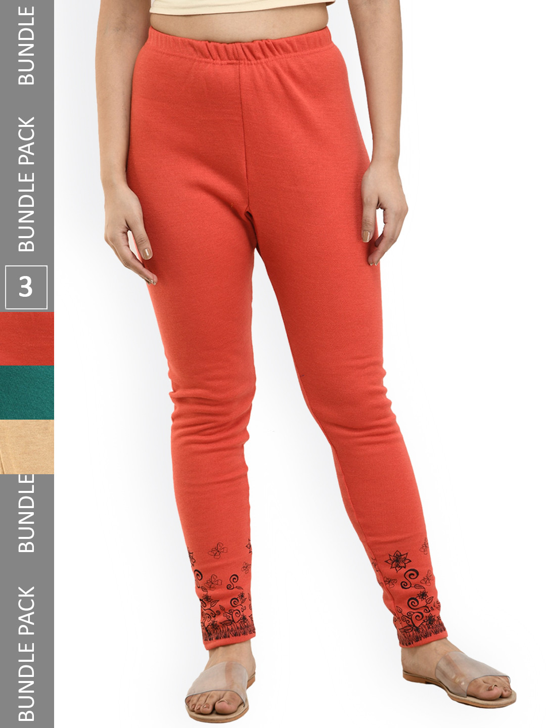 

IndiWeaves Pack Of 3 Printed Woolen Warm Ankle-Length Leggings, Orange