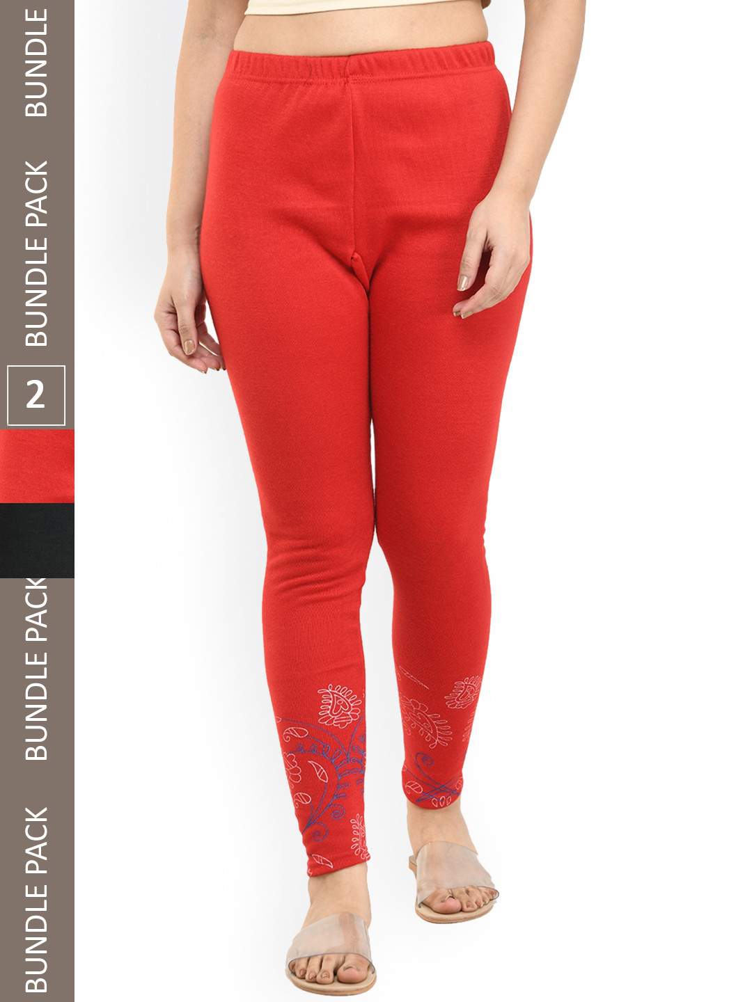 

IndiWeaves Pack Of 2 Printed Ankle-Length Woolen Leggings, Red