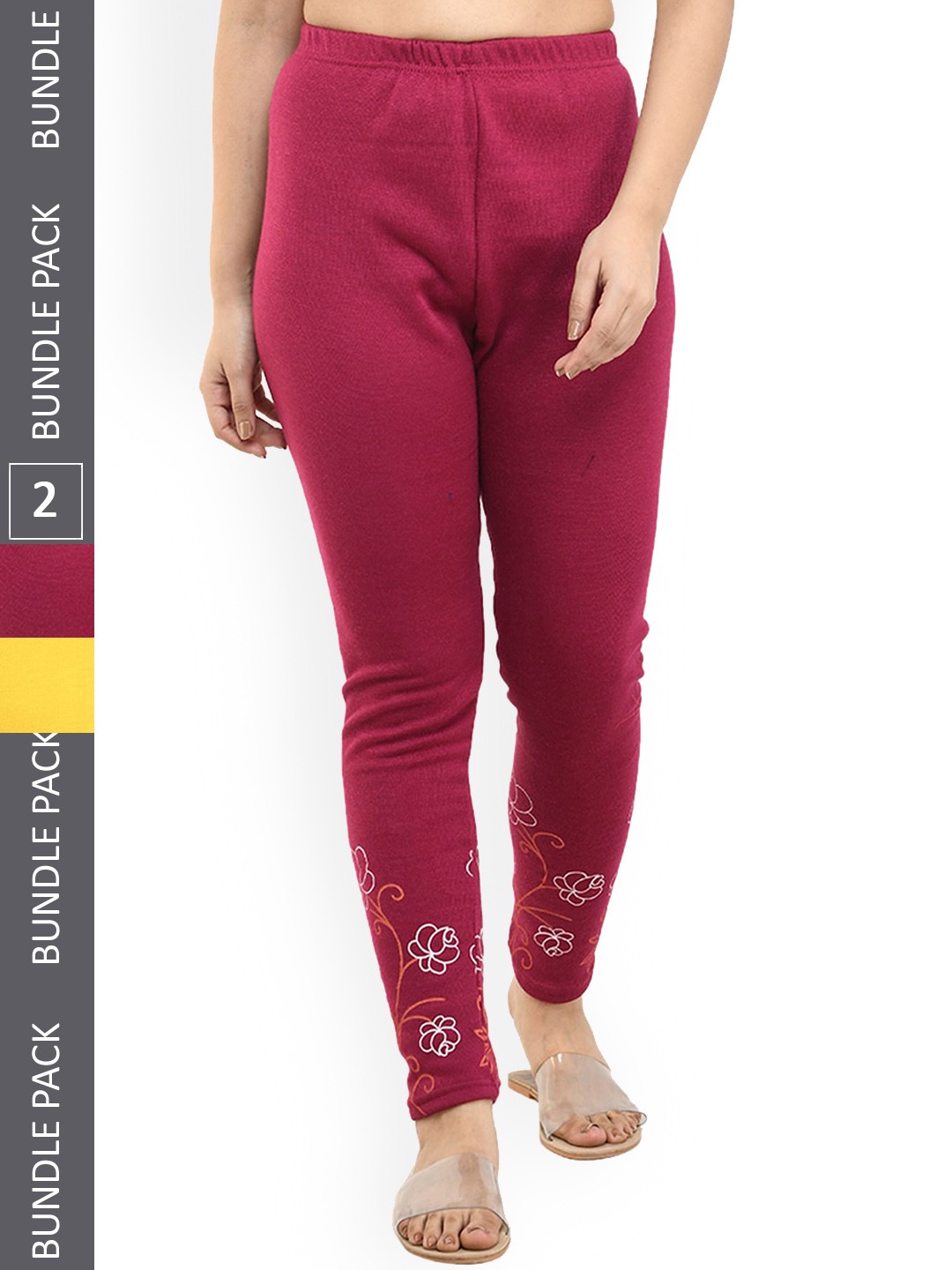

IndiWeaves Pack of 2 Printed Woolen Warm Ankle-Length Leggings, Maroon