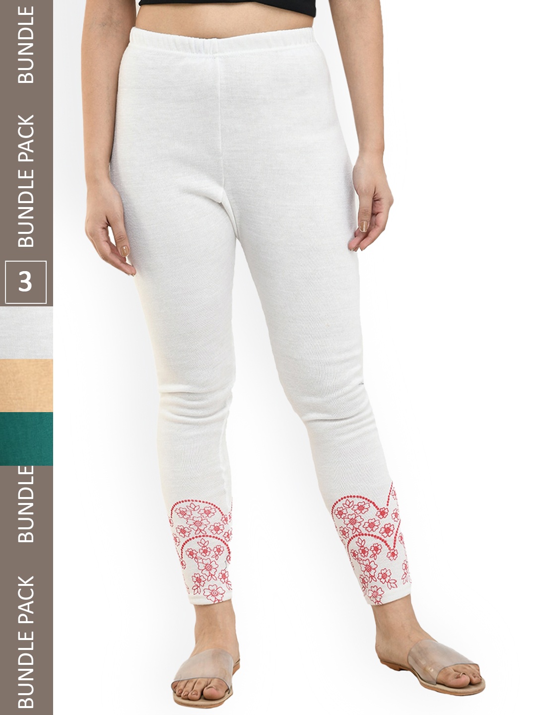 

IndiWeaves Pack Of 3 Printed Woolen Ankle-Length Leggings, White