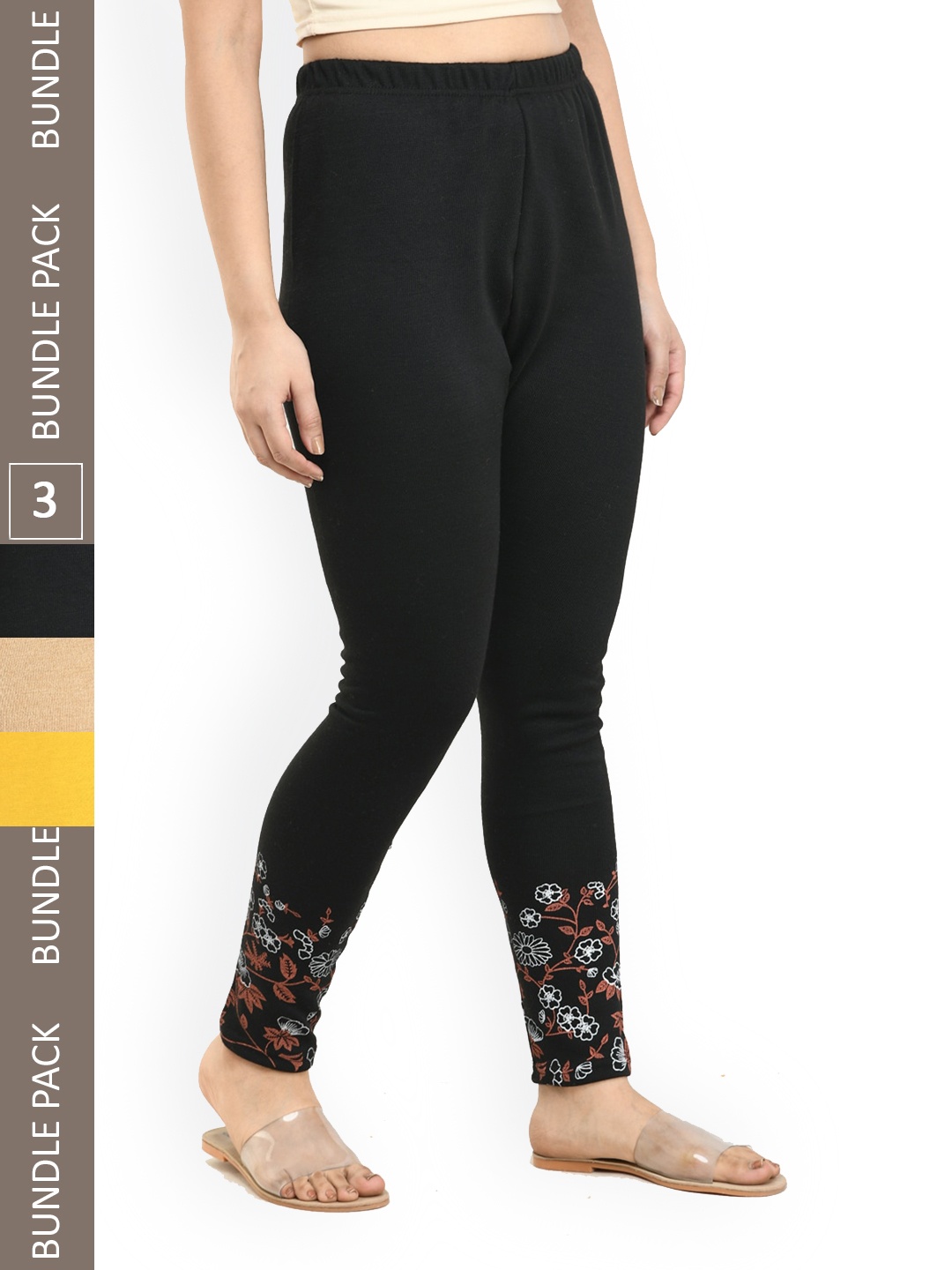 

IndiWeaves Pack Of 3 Printed Woolen Warm Ankle-Length Leggings, Black