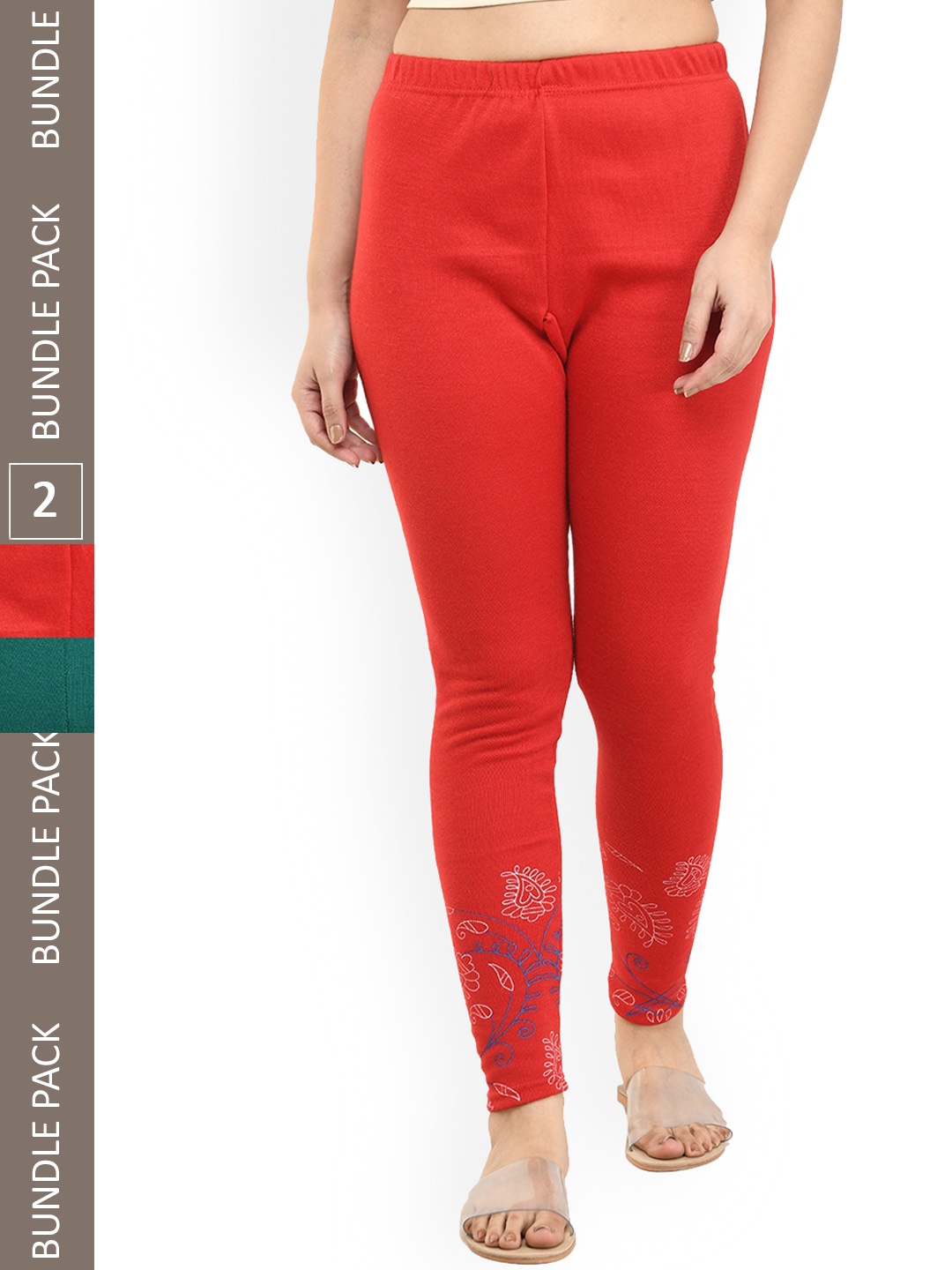 

IndiWeaves Women Pack Of 2 Printed Wool Ankle-Length Leggings, Red