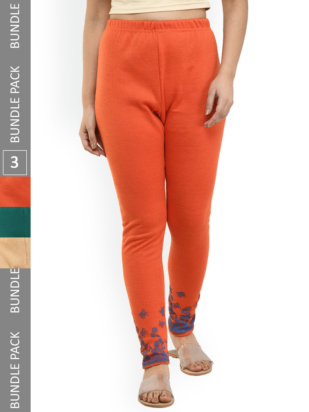 

IndiWeaves Women Pack Of 3 Printed Woolen Warm Ankle-Length Leggings, Green