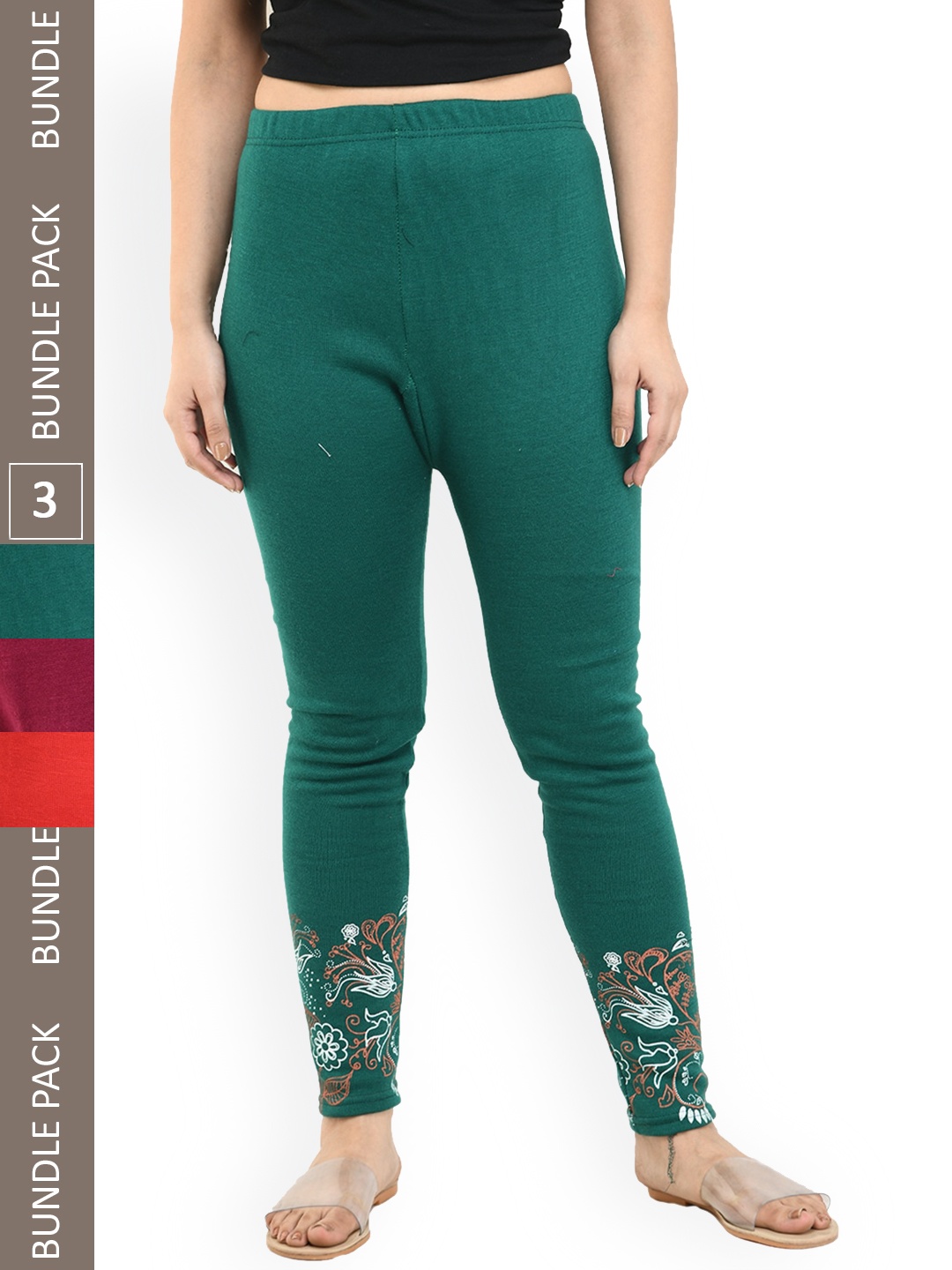 

IndiWeaves Pack Of 3 Printed Woollen Ankle-Length Leggings, Green