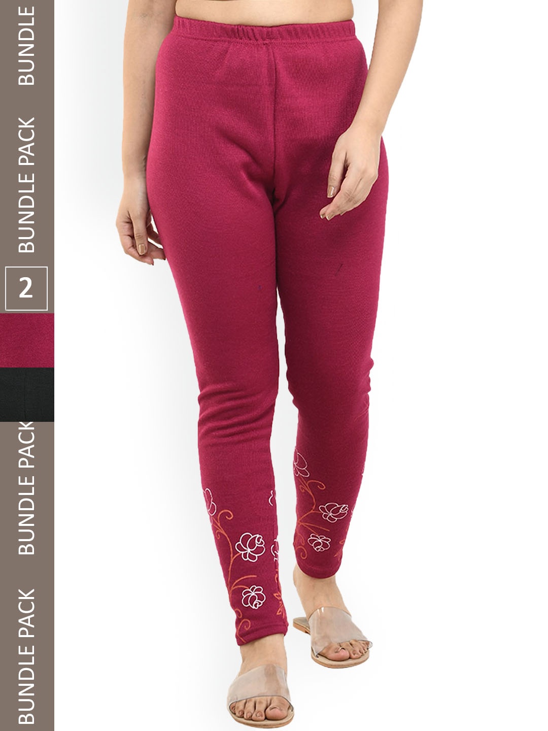 

IndiWeaves Pack Of 2 Printed Woolen Ankle Length Leggings, Maroon