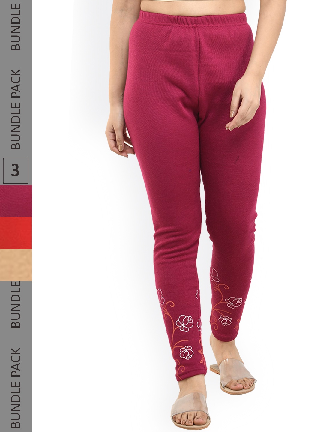 

IndiWeaves Pack Of 3 Printed Ankle-Length Woolen Leggings, Magenta
