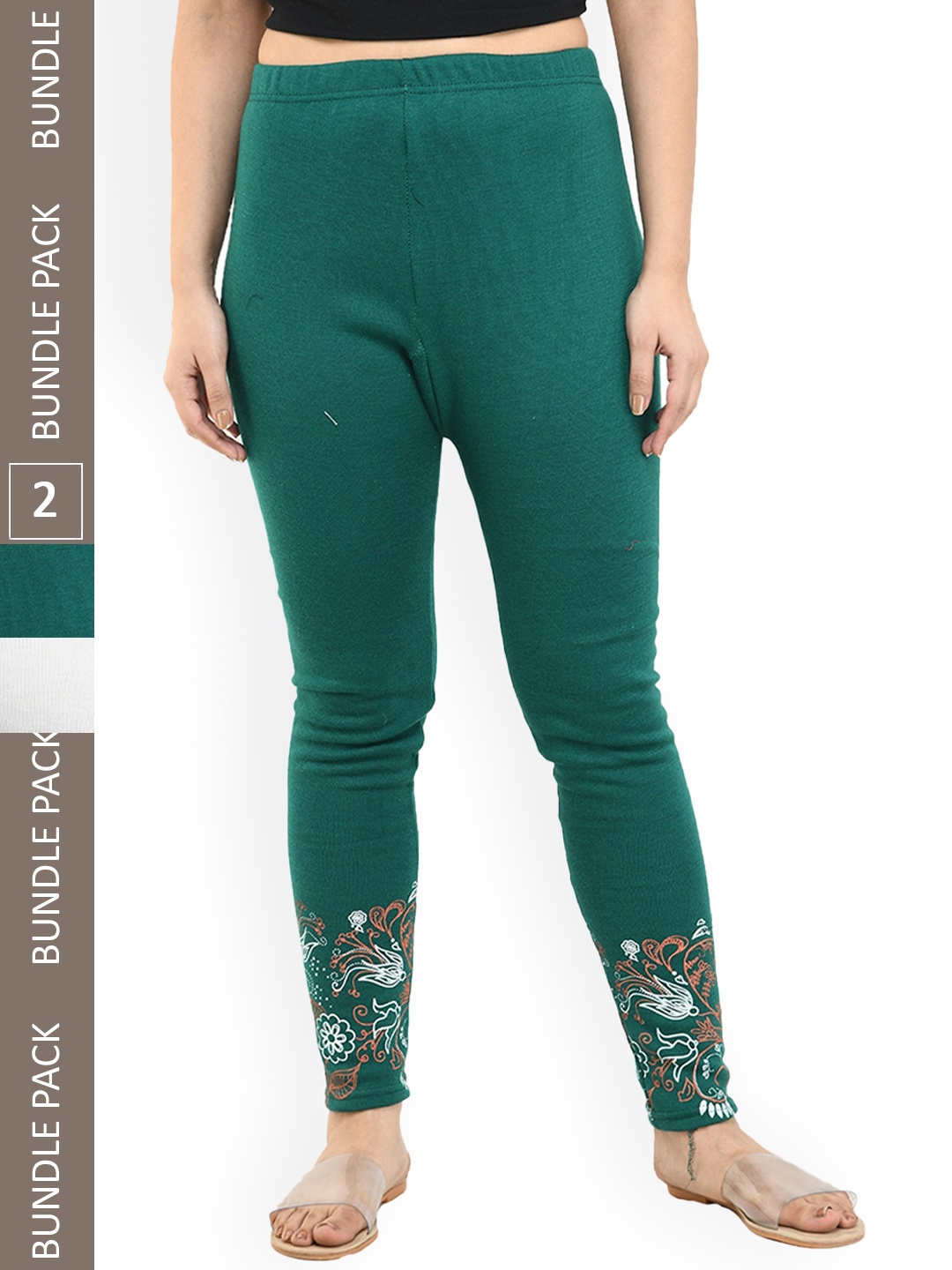 IndiWeaves Pack Of 2 Printed Ankle-Length Leggings, Green