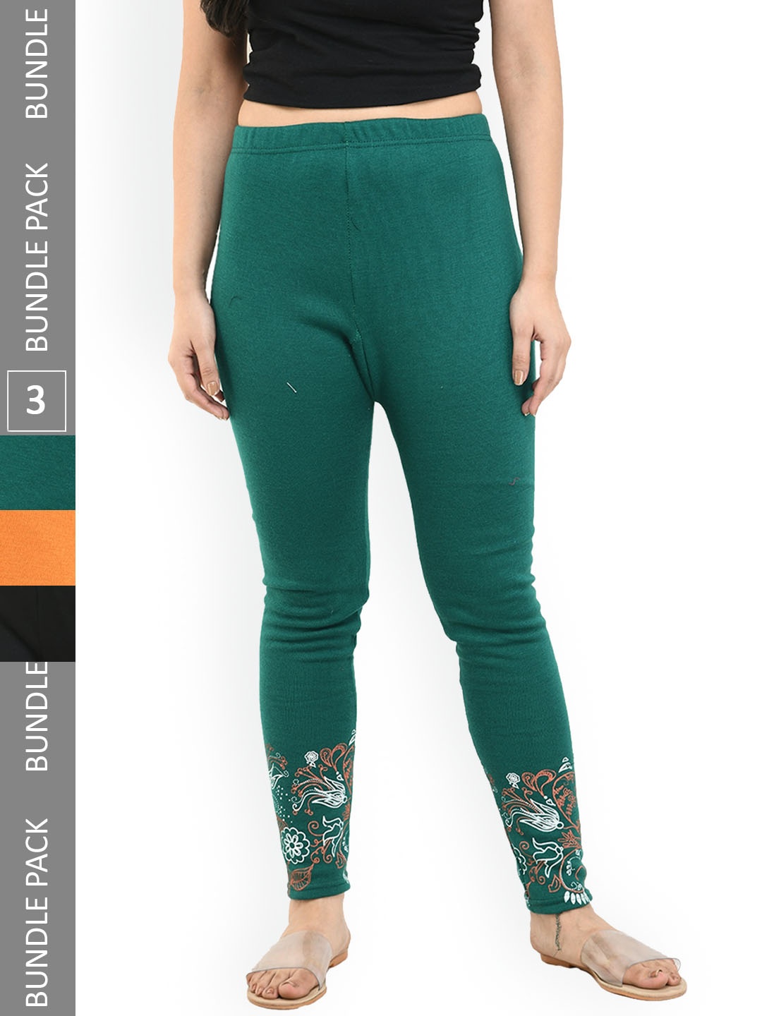 

IndiWeaves Pack Of 3 Printed Woolen Ankle-Length Leggings, Green