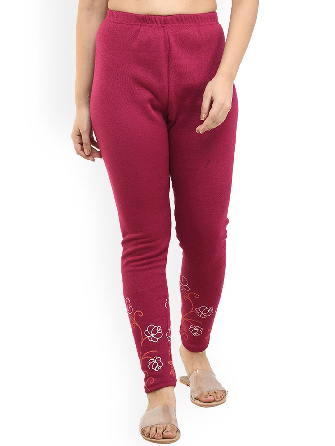 

IndiWeaves Women Printed Woolen Warm Ankle-Length Leggings, Magenta