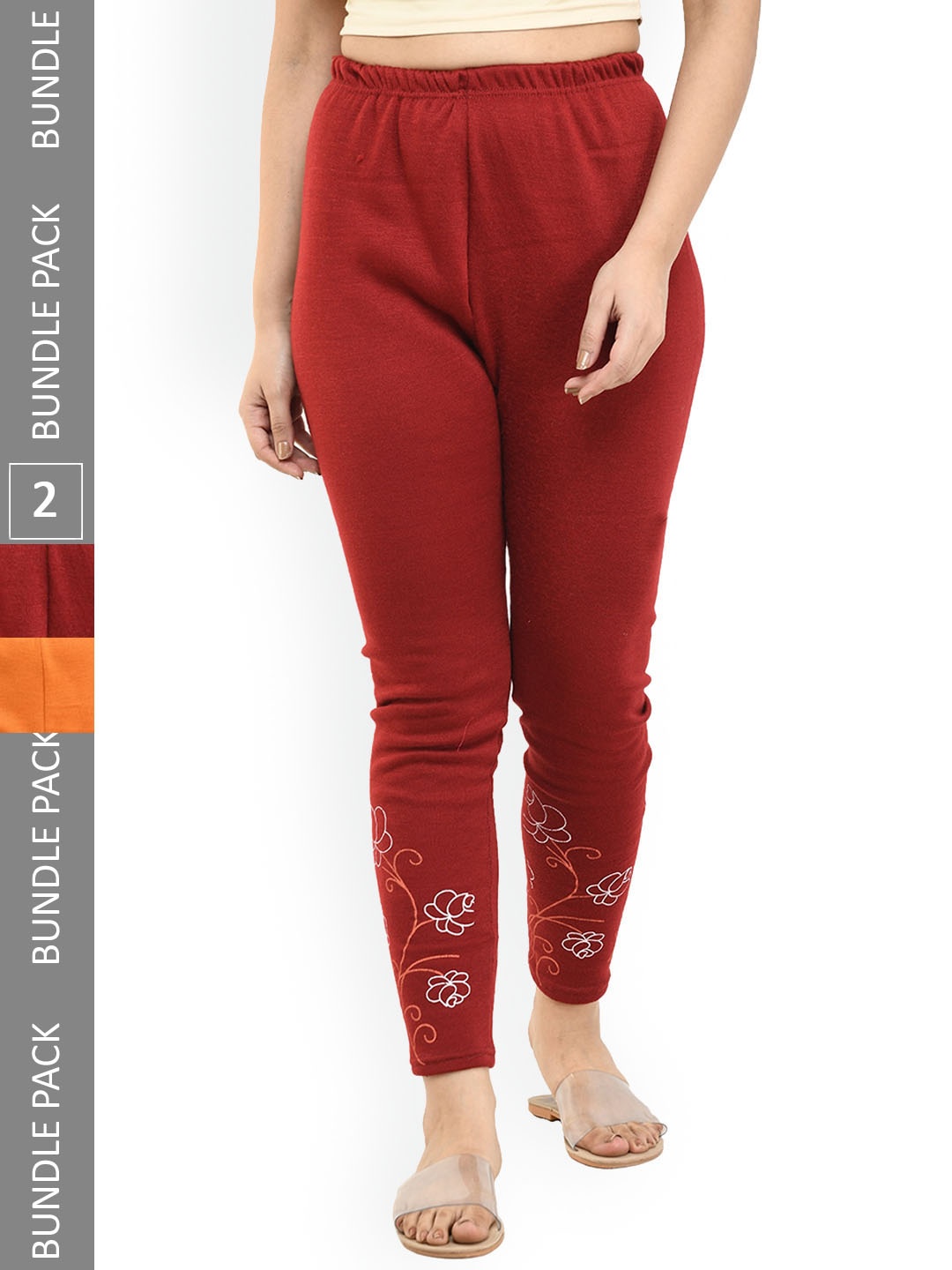

IndiWeaves Pack Of 2 Printed Woolen Ankle-Length Leggings, Maroon