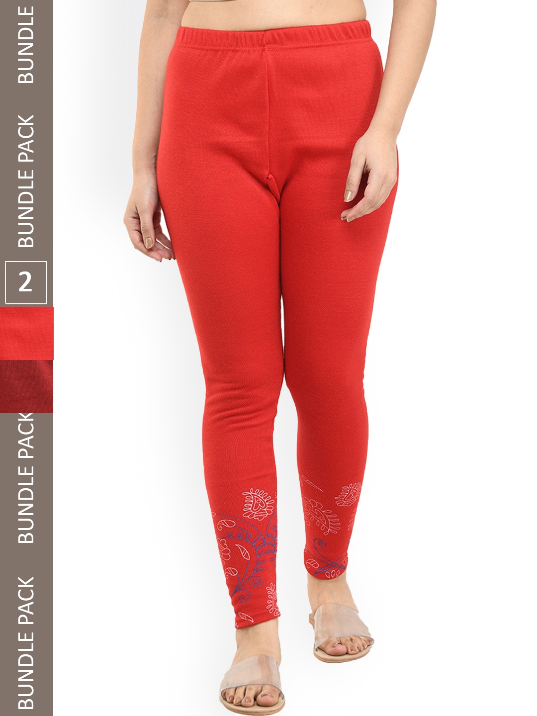 

IndiWeaves Women Pack Of 2 Printed Woolen Warm Ankle Length Leggings, Red