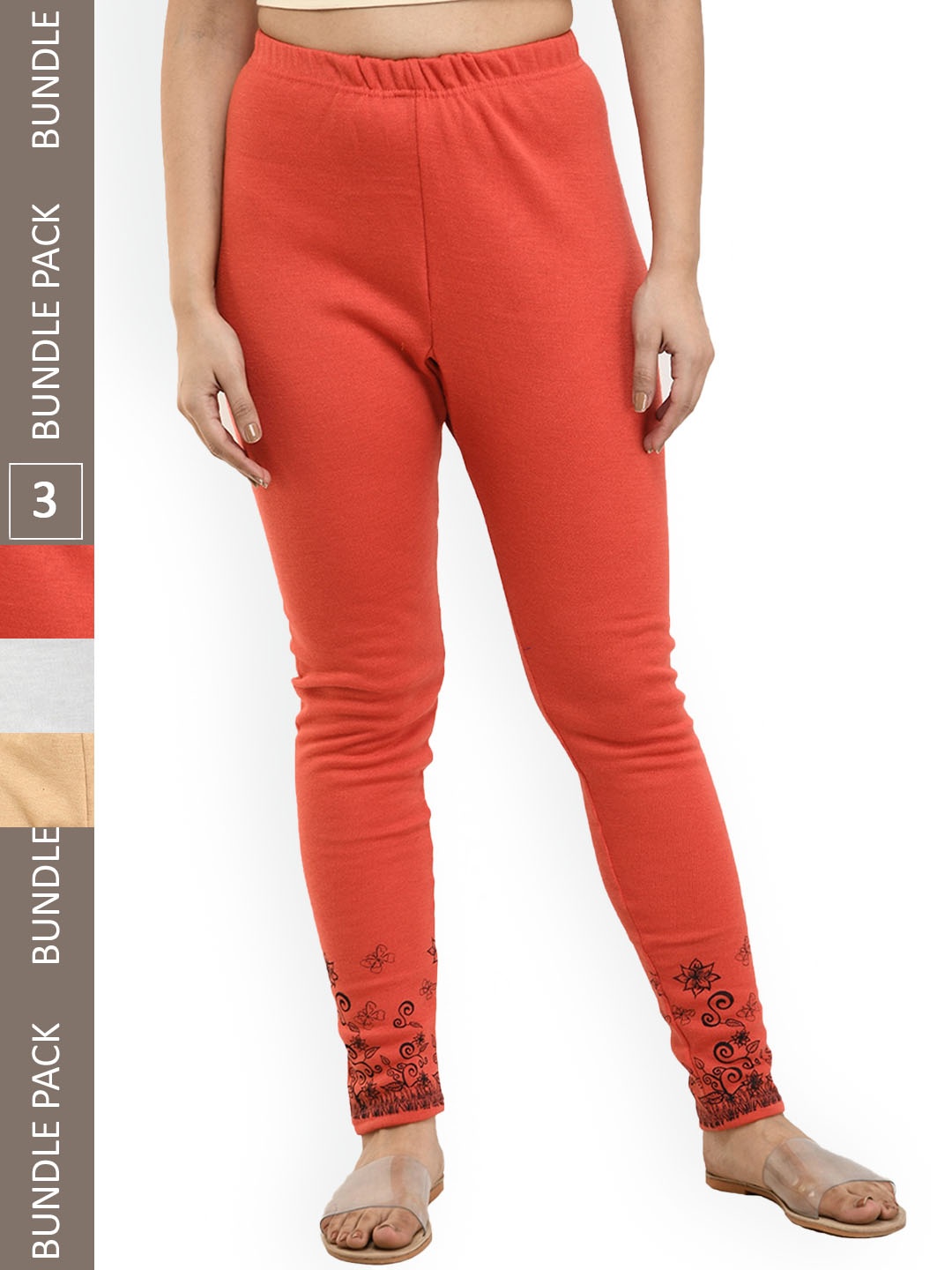 

IndiWeaves Pack Of 3 Printed Ankle-Length Woollen Leggings, Red
