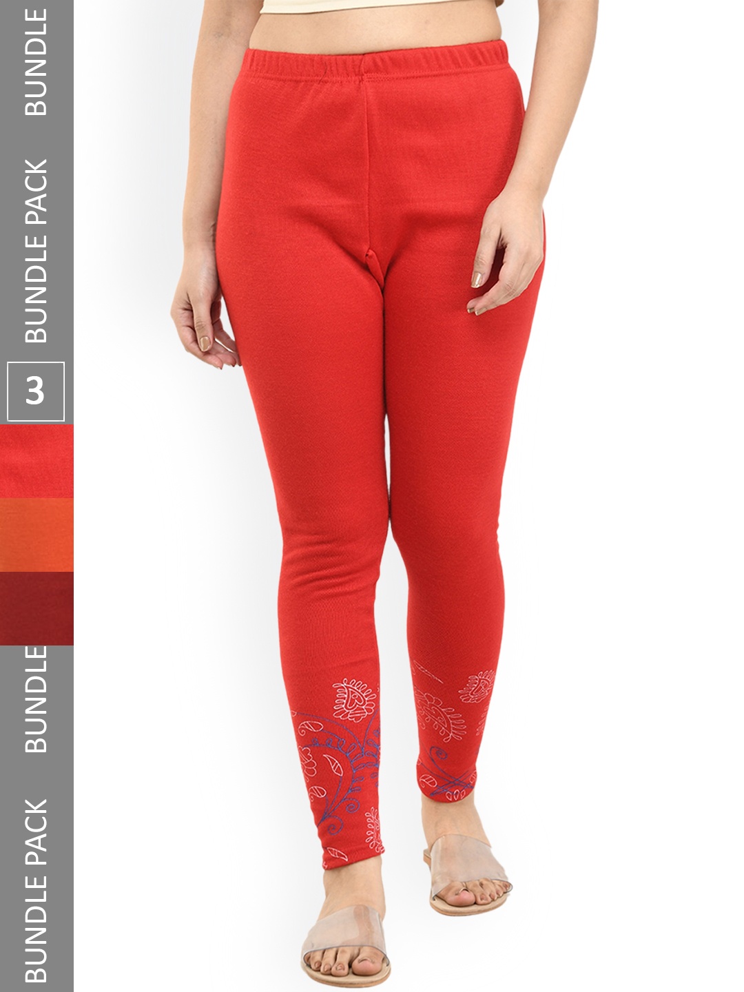 

IndiWeaves Pack Of 3 Printed Ankle-Length Woolen Leggings, Red