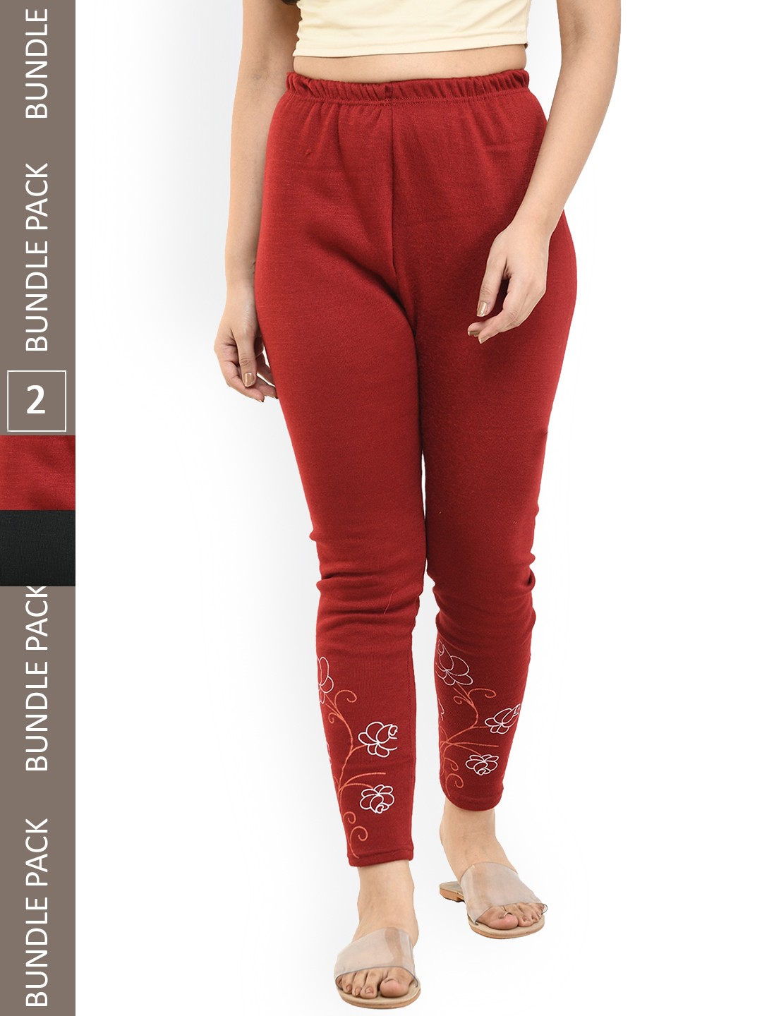 

IndiWeaves Pack Of 2 Printed Woollen Ankle-Length Leggings, Maroon