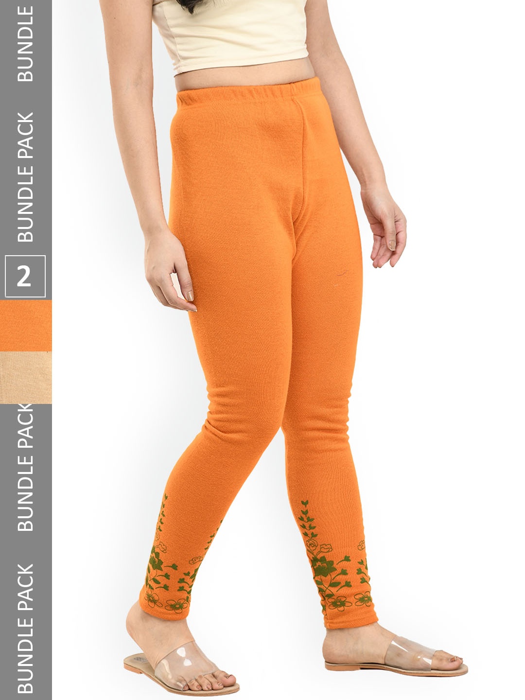 

IndiWeaves Pack Of 2 Printed Ankle-Length Woolen Leggings, Yellow