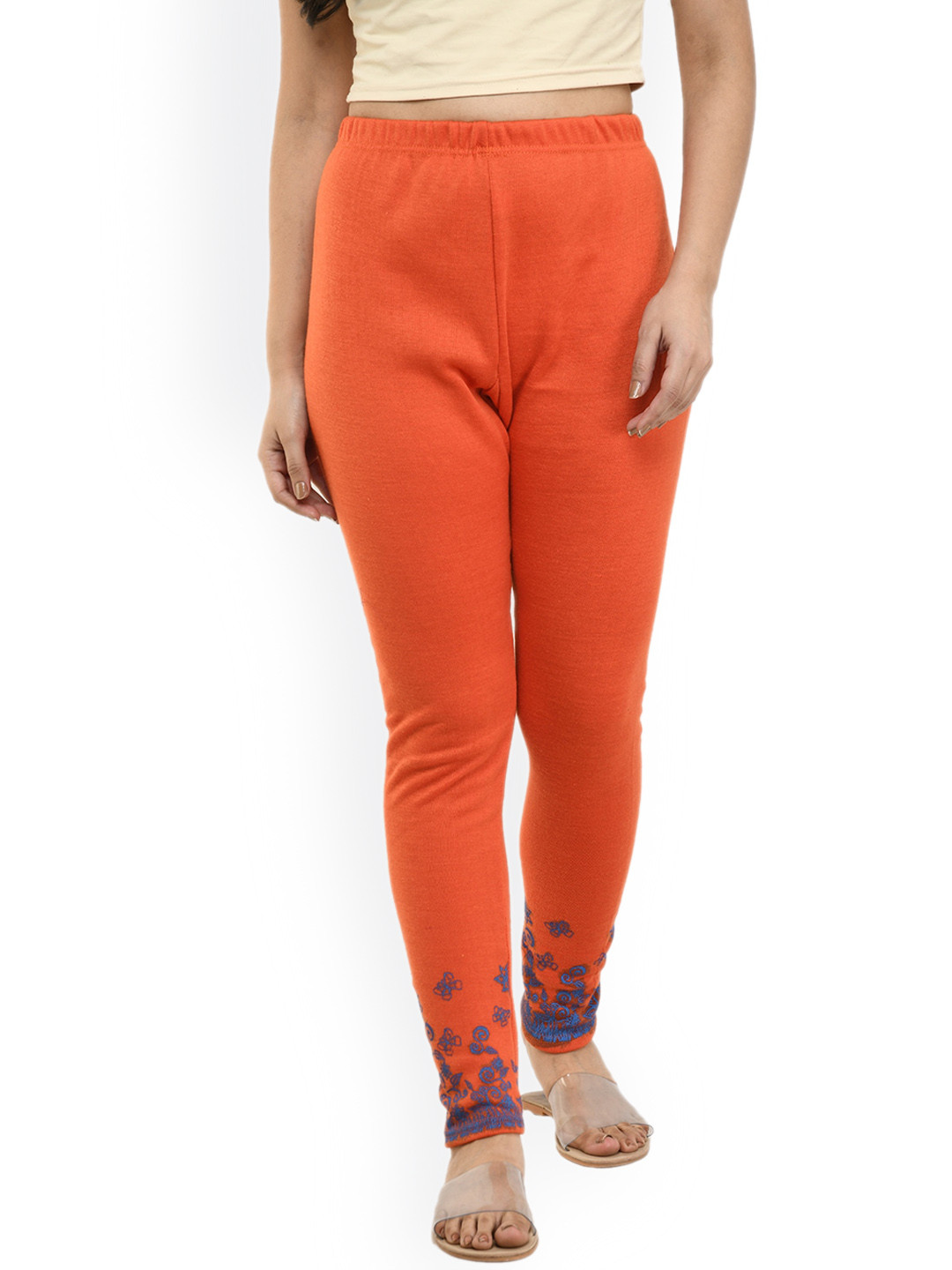 

IndiWeaves Women Printed Woolen Warm Ankle-Length Leggings, Orange