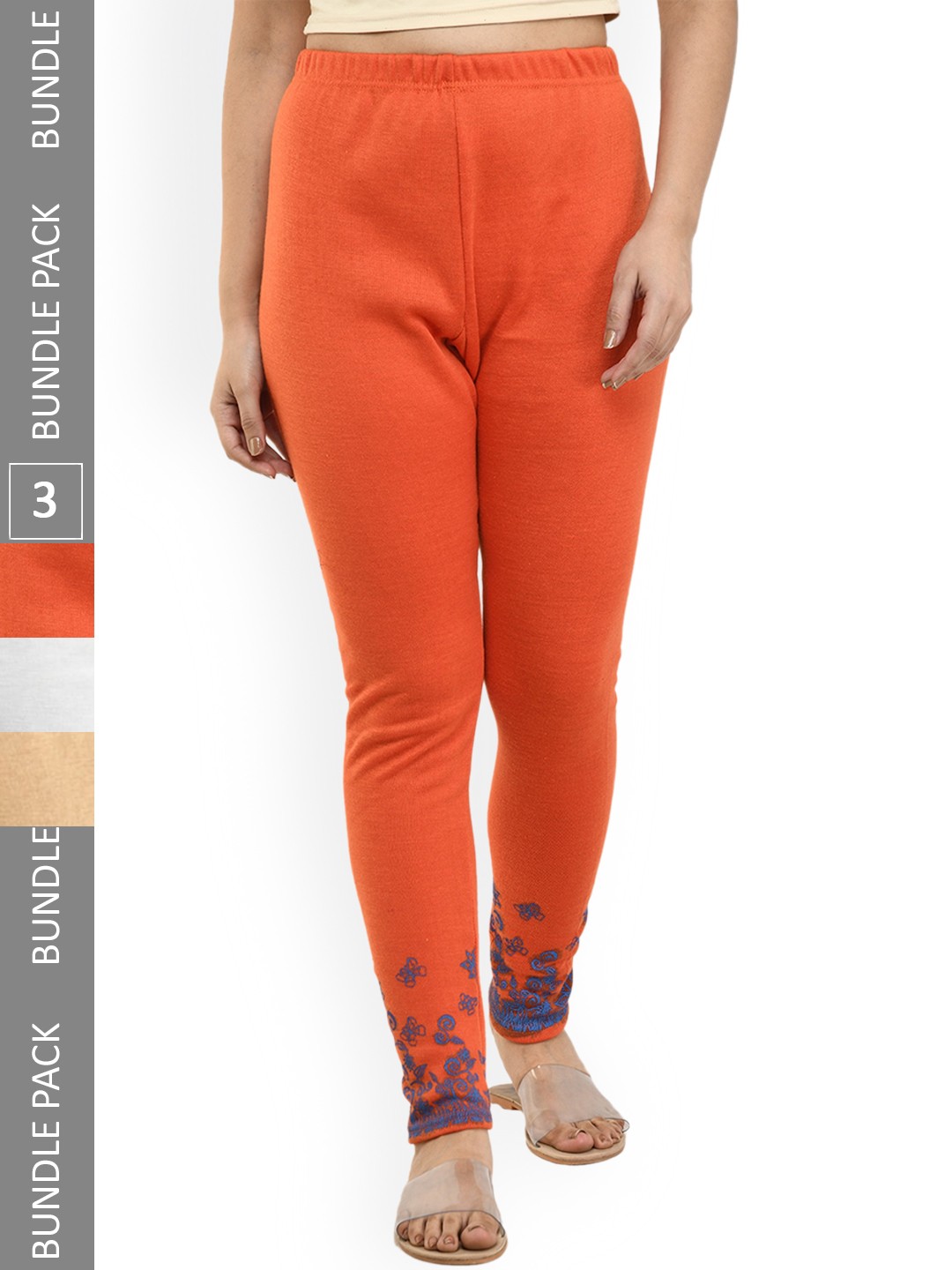 

IndiWeaves Pack Of 3 Printed Woolen Churidar-Length Leggings, Orange