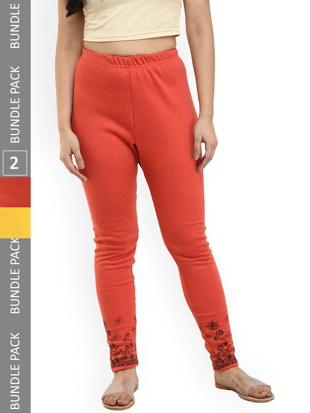 

IndiWeaves Pack Of 3 Printed Woolen Warm Ankle-Length Leggings, Orange