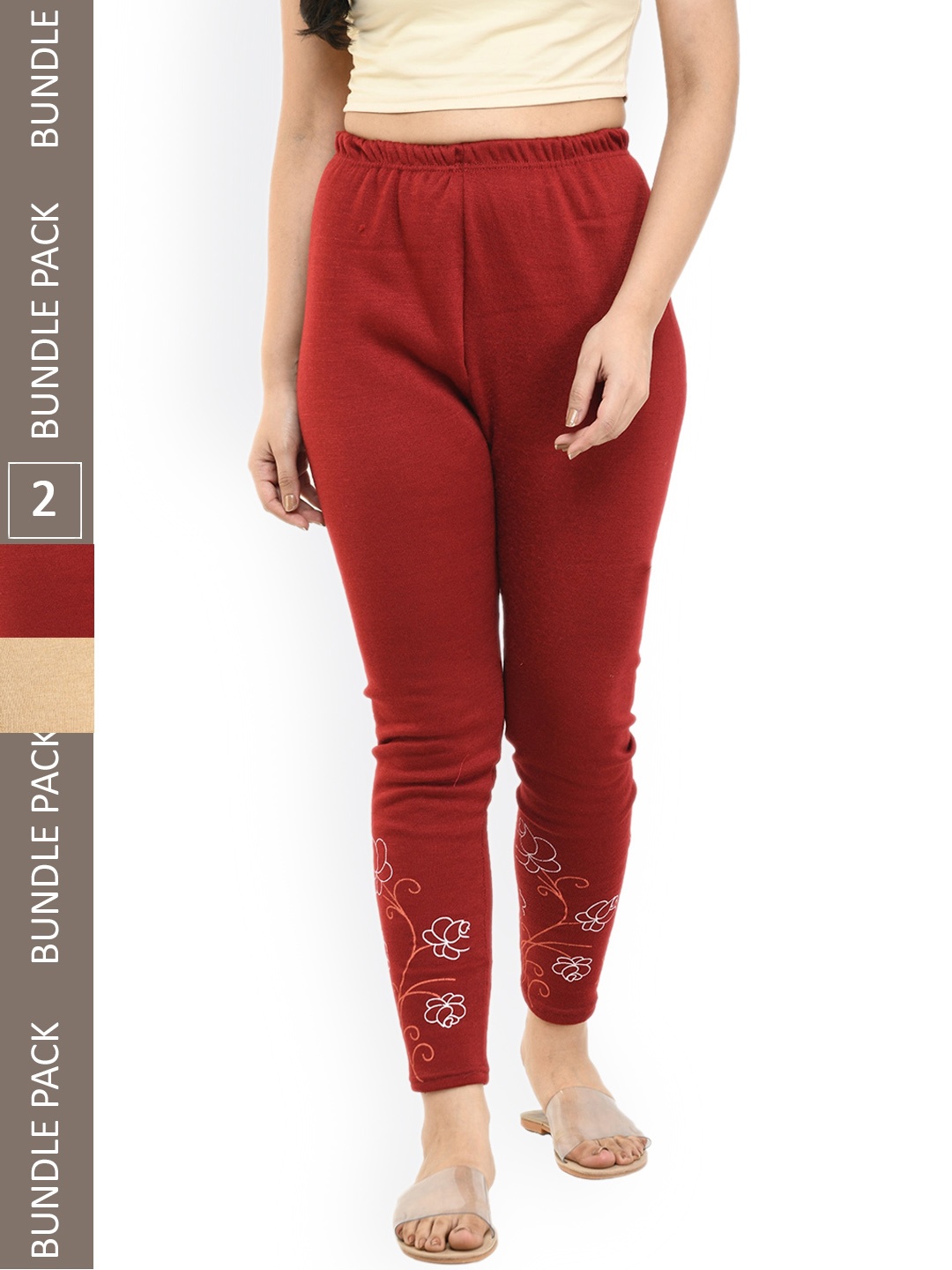 

IndiWeaves Women Pack Of 2 Printed Wool Ankle-Length Leggings, Maroon