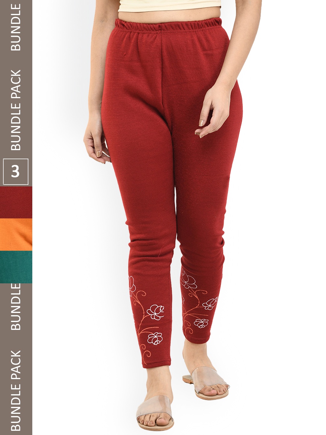 

IndiWeaves Pack Of 3 Printed Woollen Warm Ankle-Length Leggings, Red