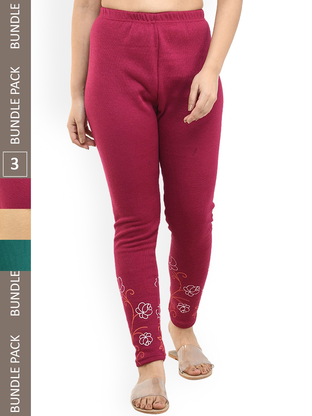 

IndiWeaves Pack of 3 Woollen Ankle-LengthLeggings, Magenta