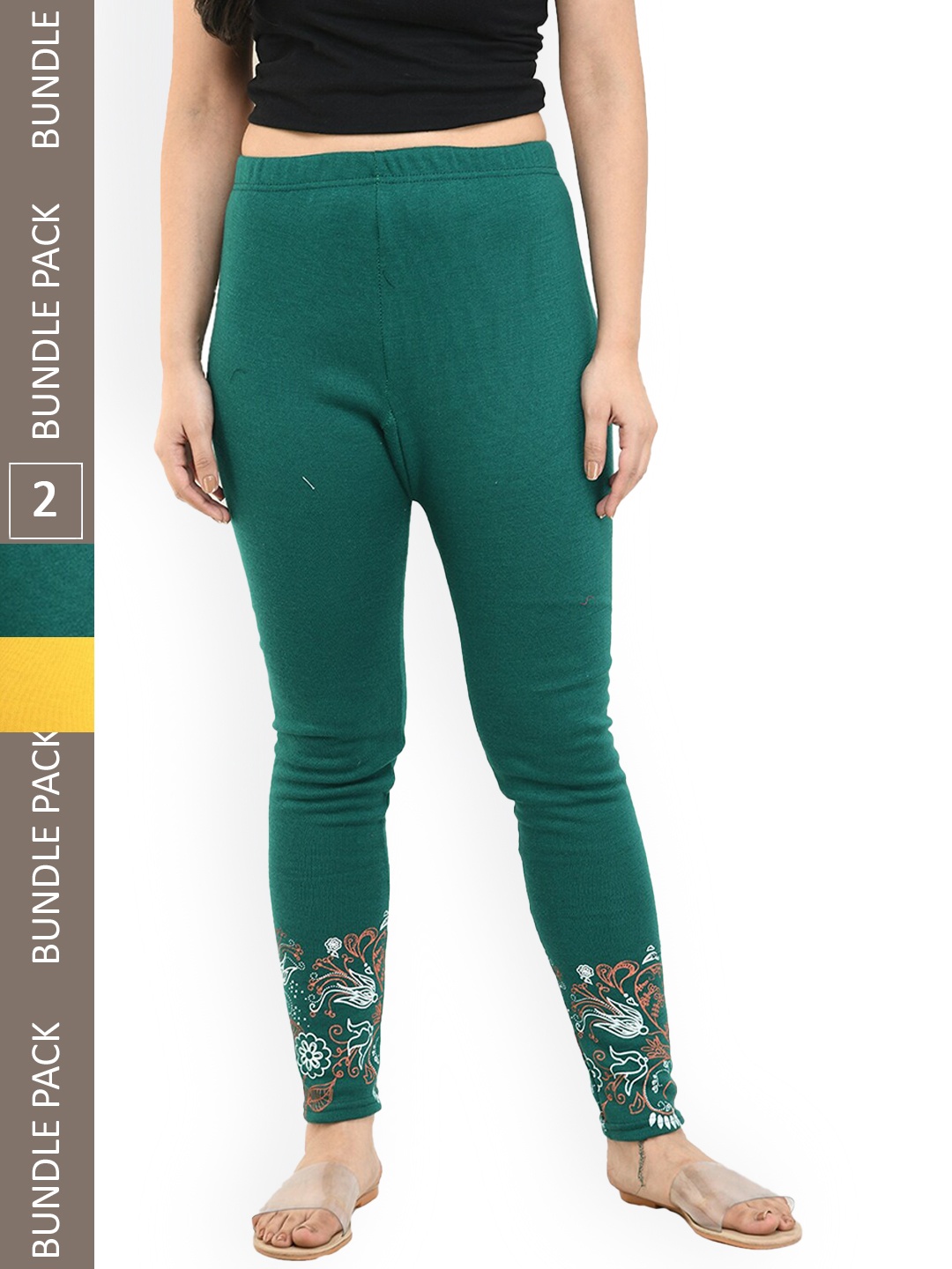

IndiWeaves Women Pack Of 2 Printed Woolen Warm Ankle-Length Leggings, Yellow