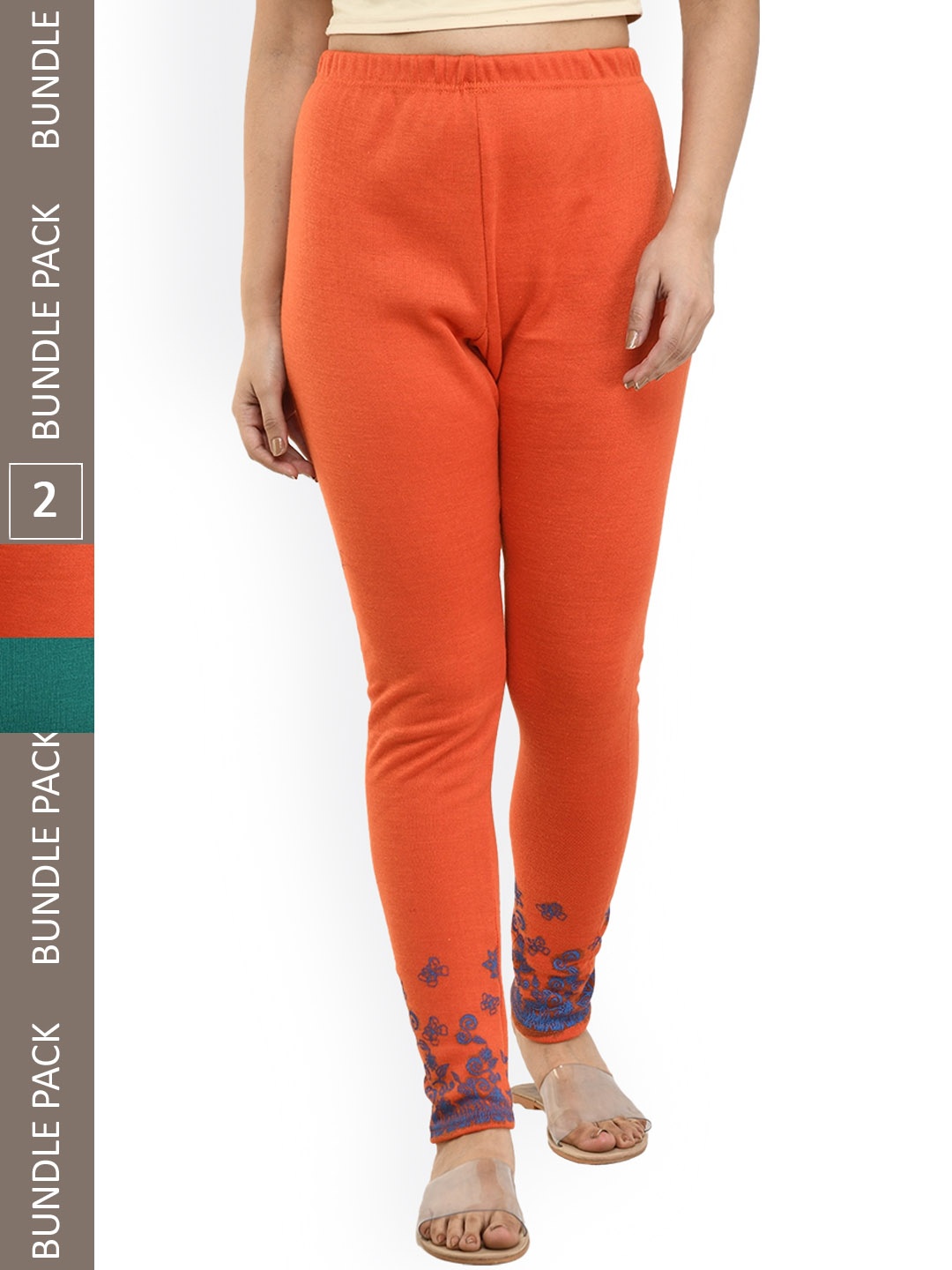 

IndiWeaves Pack Of 2 Printed Woolen Warm Ankle-Length Leggings, Orange