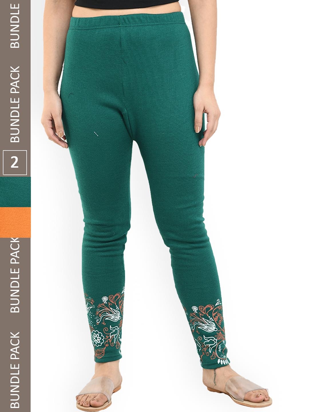 IndiWeaves Women Pack of 2 Printed Woolen Warm Ankle-Length Leggings, Green