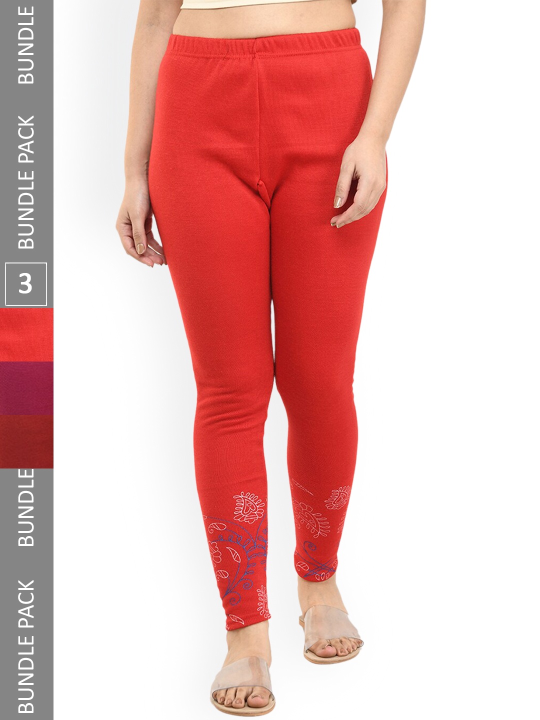 

IndiWeaves Women Pack Of 3 Printed Woolen Warm Ankle Length Leggings, Red