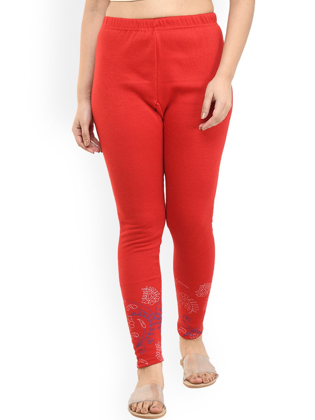 

IndiWeaves Women Printed Woolen Warm Ankle-Length Leggings, Red