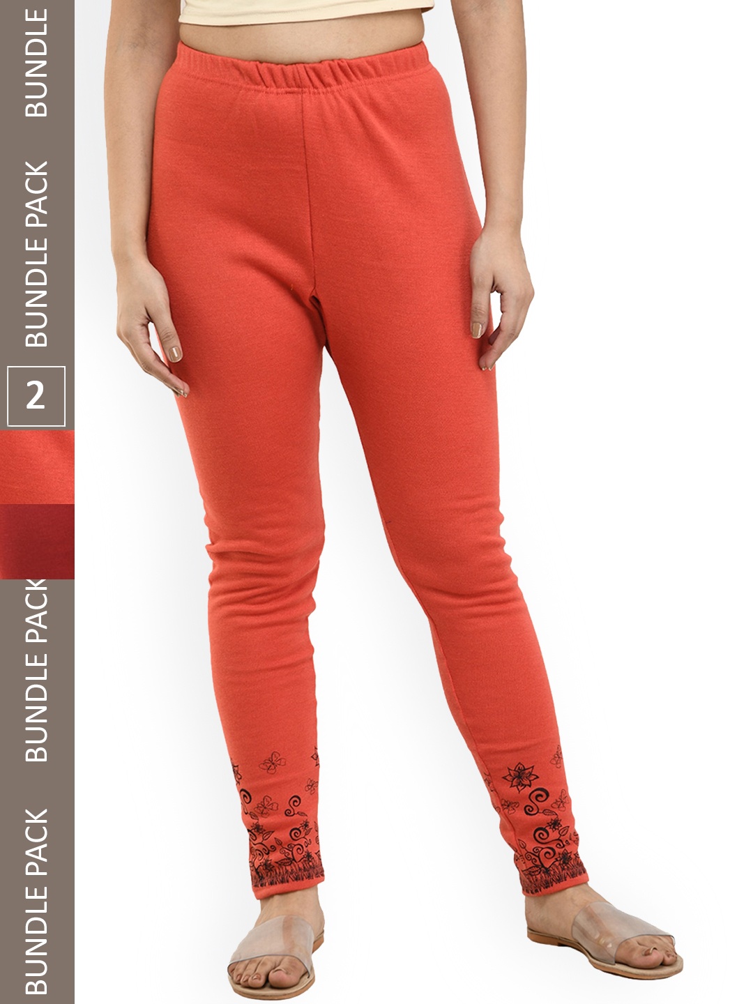 

IndiWeaves Pack Of 2 Printed Woollen Warm Ankle-Length Leggings, Orange