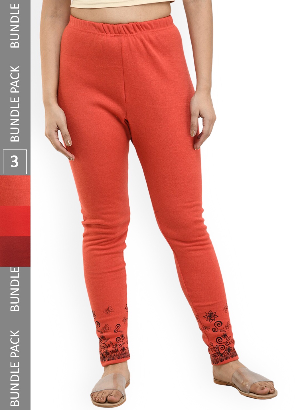 

IndiWeaves 1Pack Of 3 Printed Woolen Warm Ankle-Length Leggings, Red