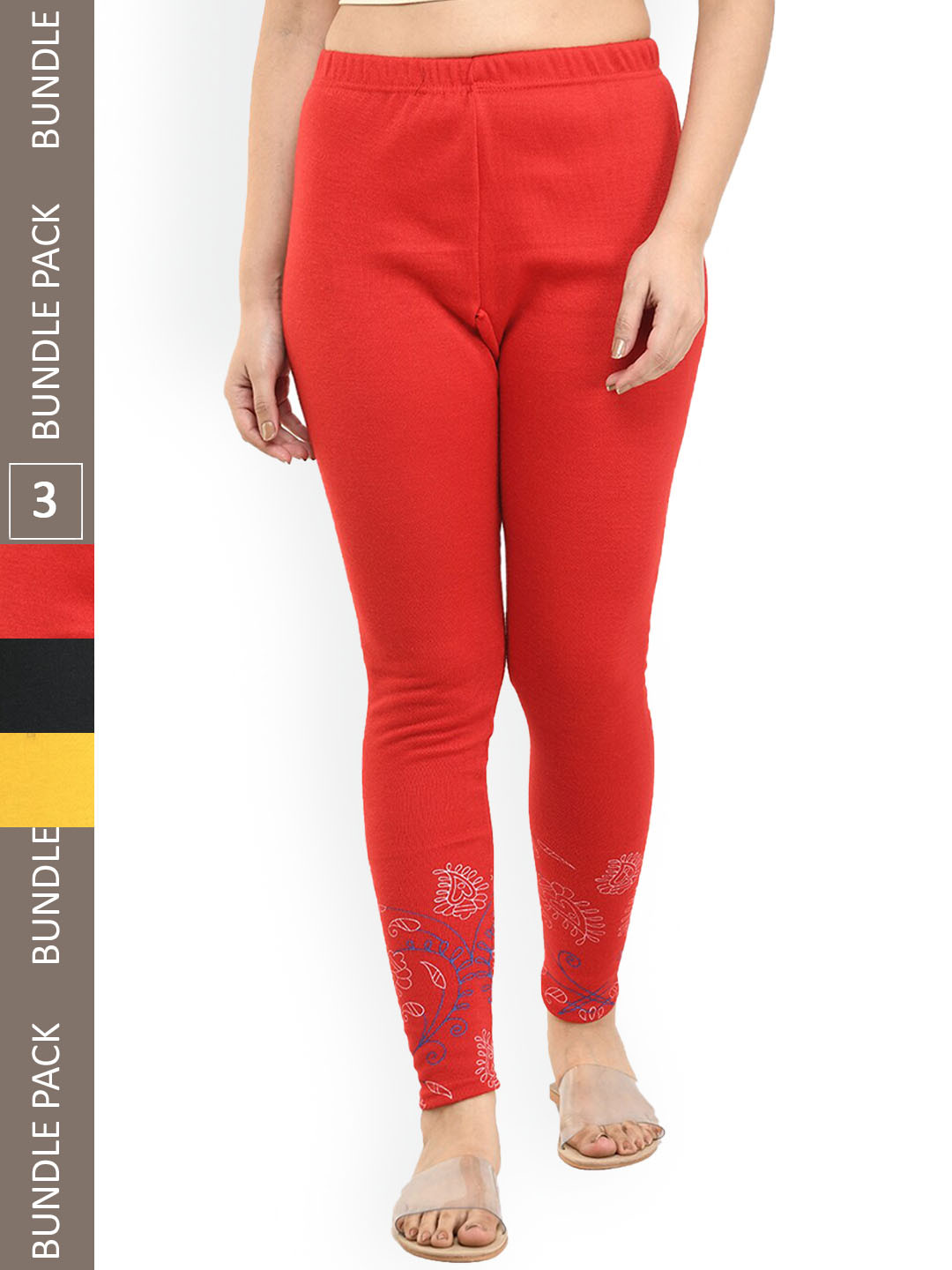 

IndiWeaves Pack of 3 Printed Woolen Warm Ankle-Length Leggings, Red