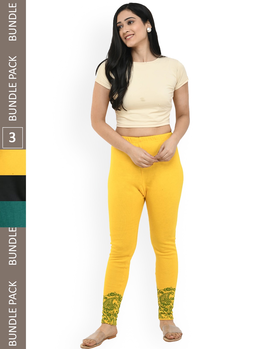 

IndiWeaves Pack Of 3 Printed Woolen Warm Ankle-Length Leggings, Yellow