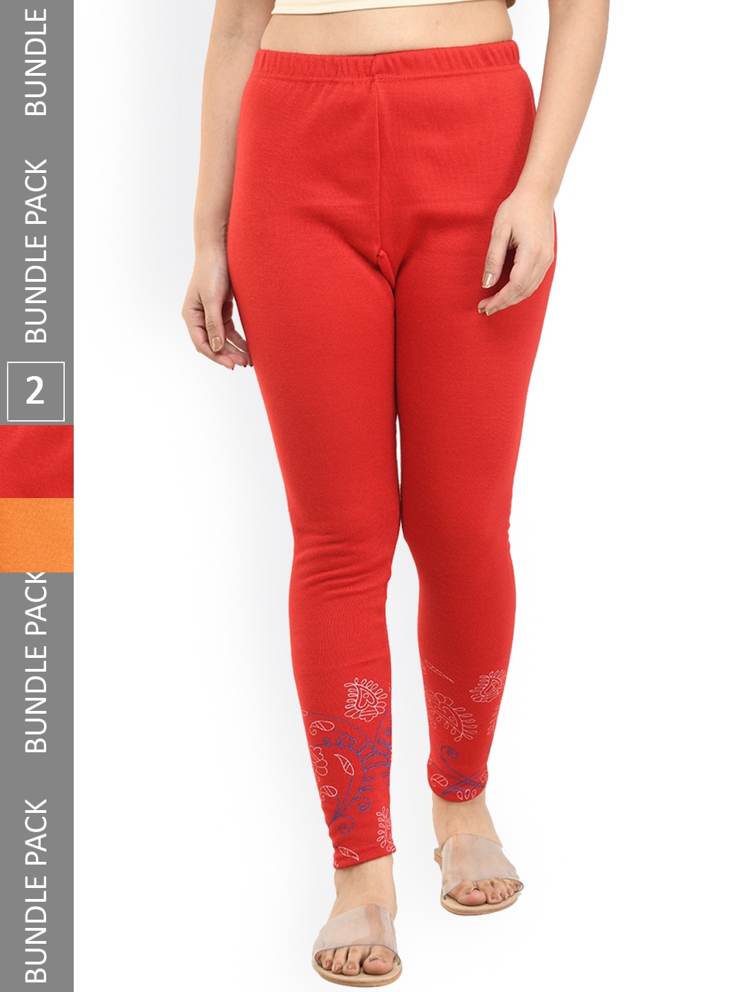 

IndiWeaves Pack Of 2 Printed Woolen Warm Ankle-Length Leggings, Red