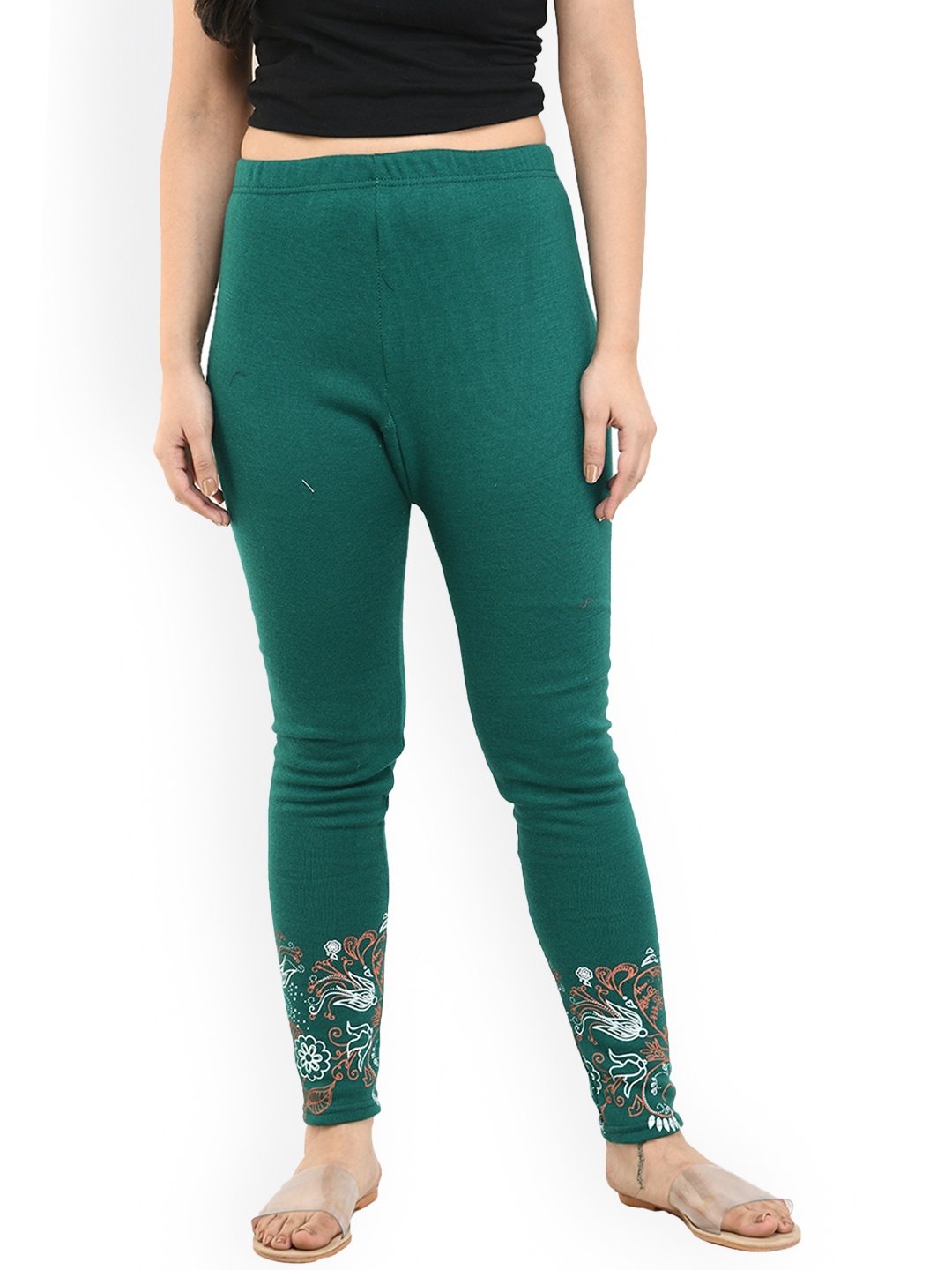 

IndiWeaves Printed Woolen Warm Ankle-Length Legging, Green