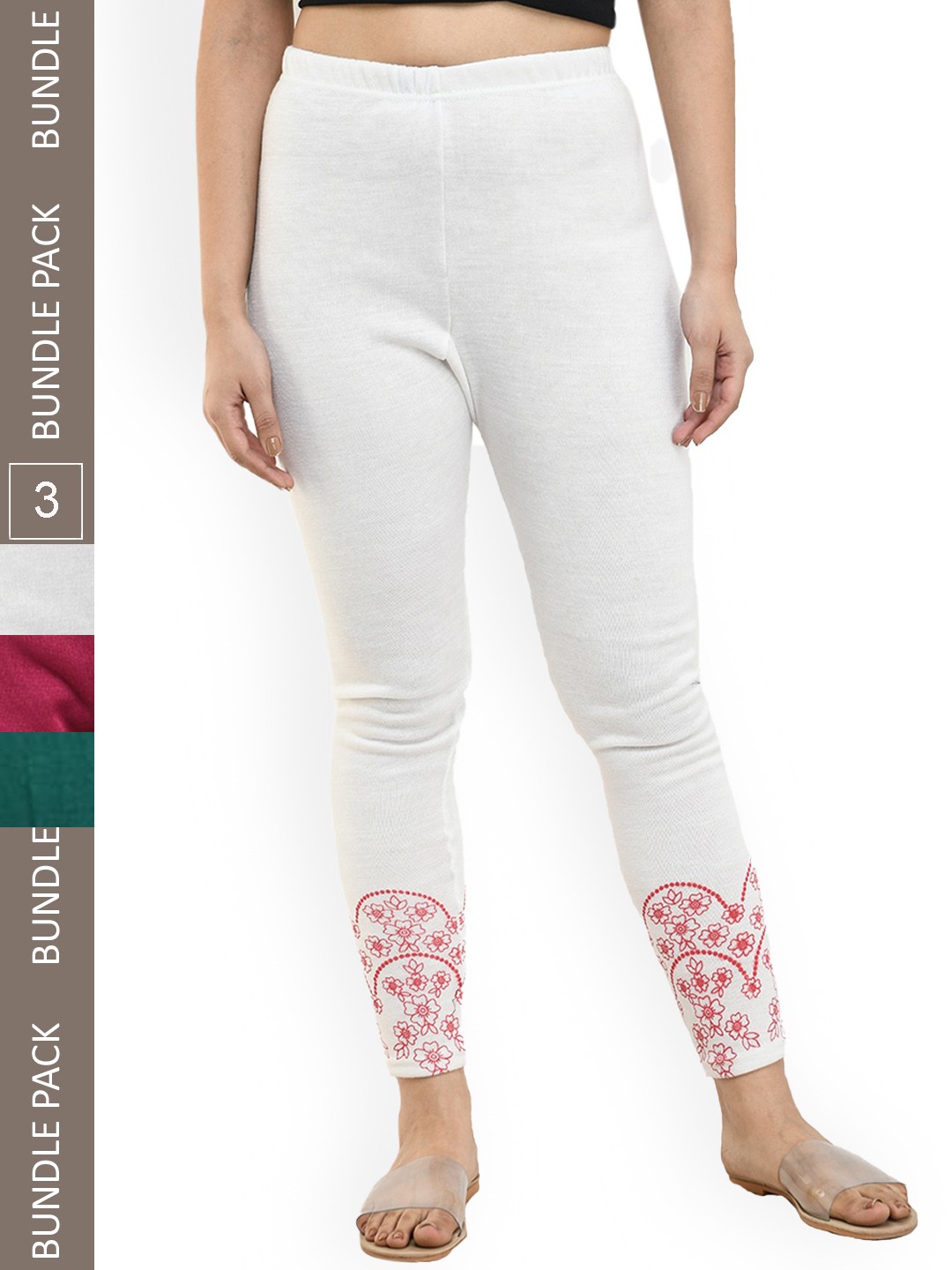 

IndiWeaves Pack Of 3 Printed Woolen Warm Ankle-Length Leggings, White
