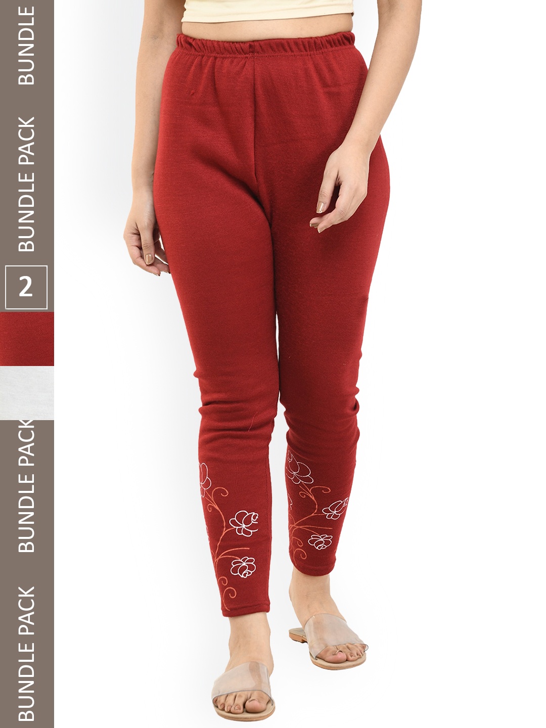 

IndiWeaves Pack Of 2 Printed Ankle-Length Woolen Leggings, Maroon