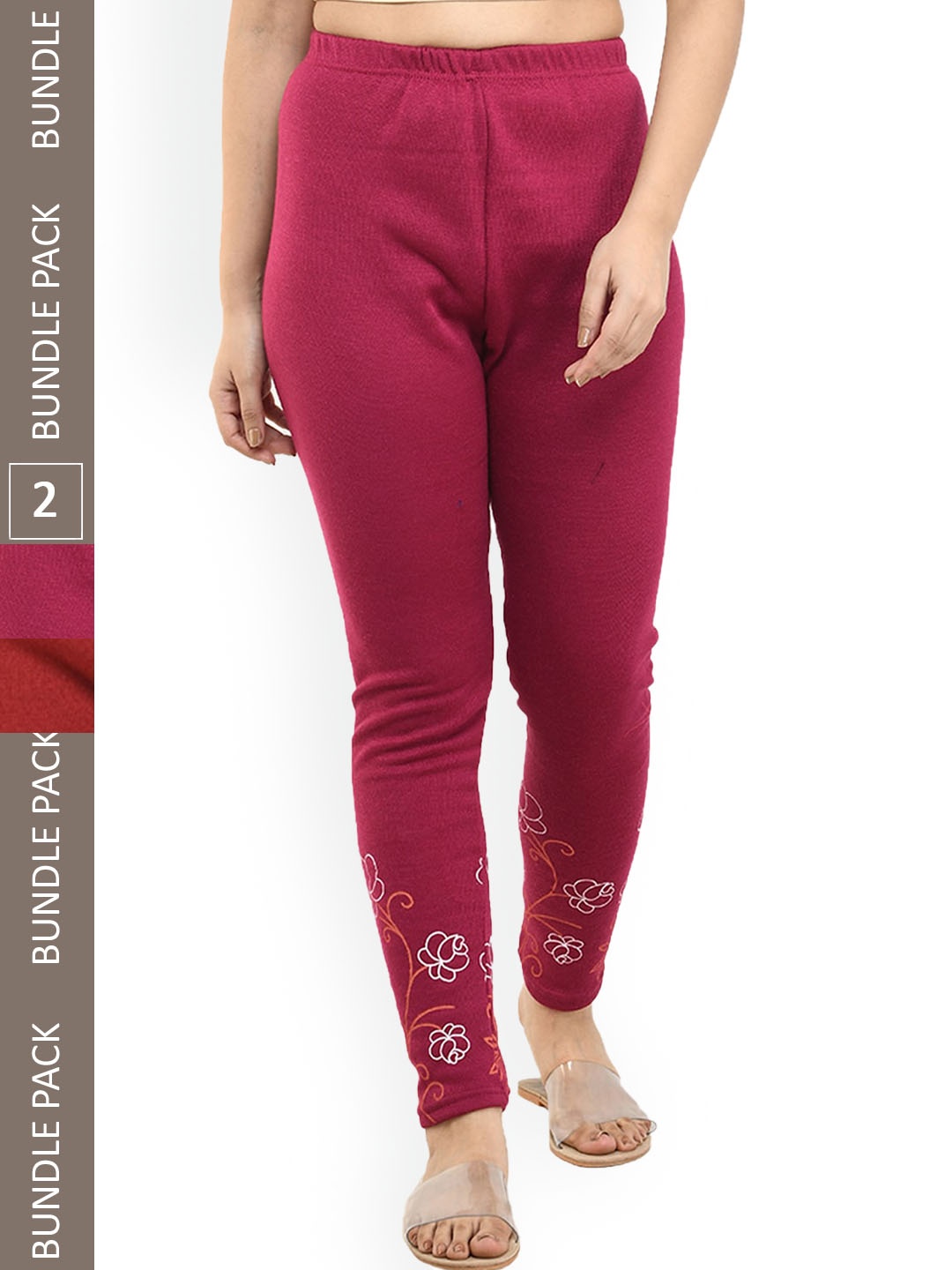 

IndiWeaves Pack of 2 Printed Woollen Ankle-Length Leggings, Magenta