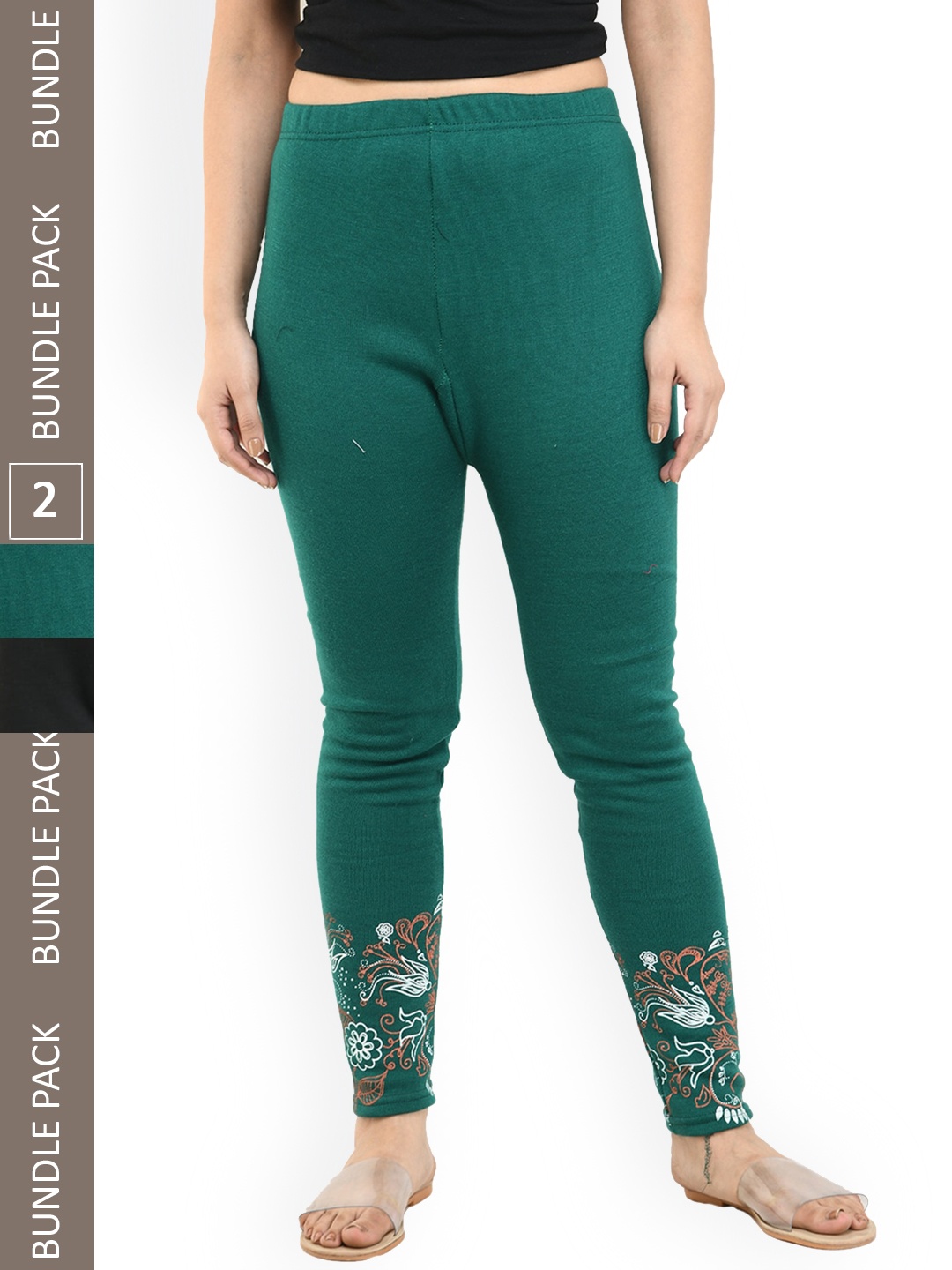 

IndiWeaves Pack Of 2 Printed Wool Ankle-Length Leggings, Black