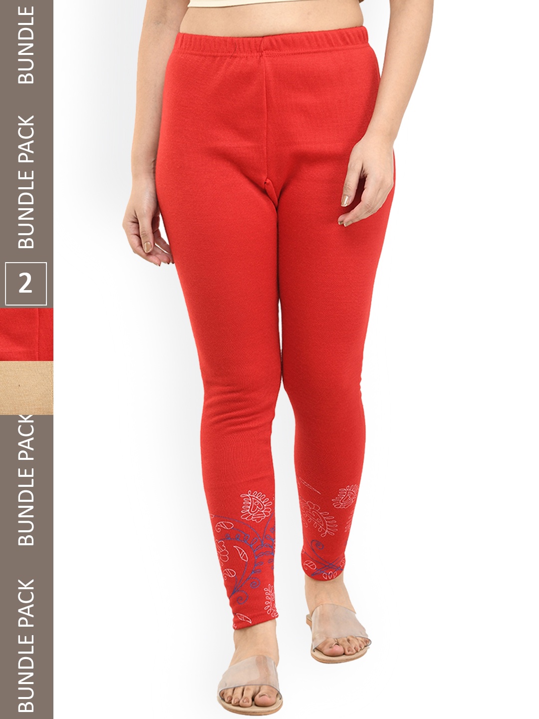 

IndiWeaves Pack Of 2 Printed Ankle-Length Woolen Leggings, Red