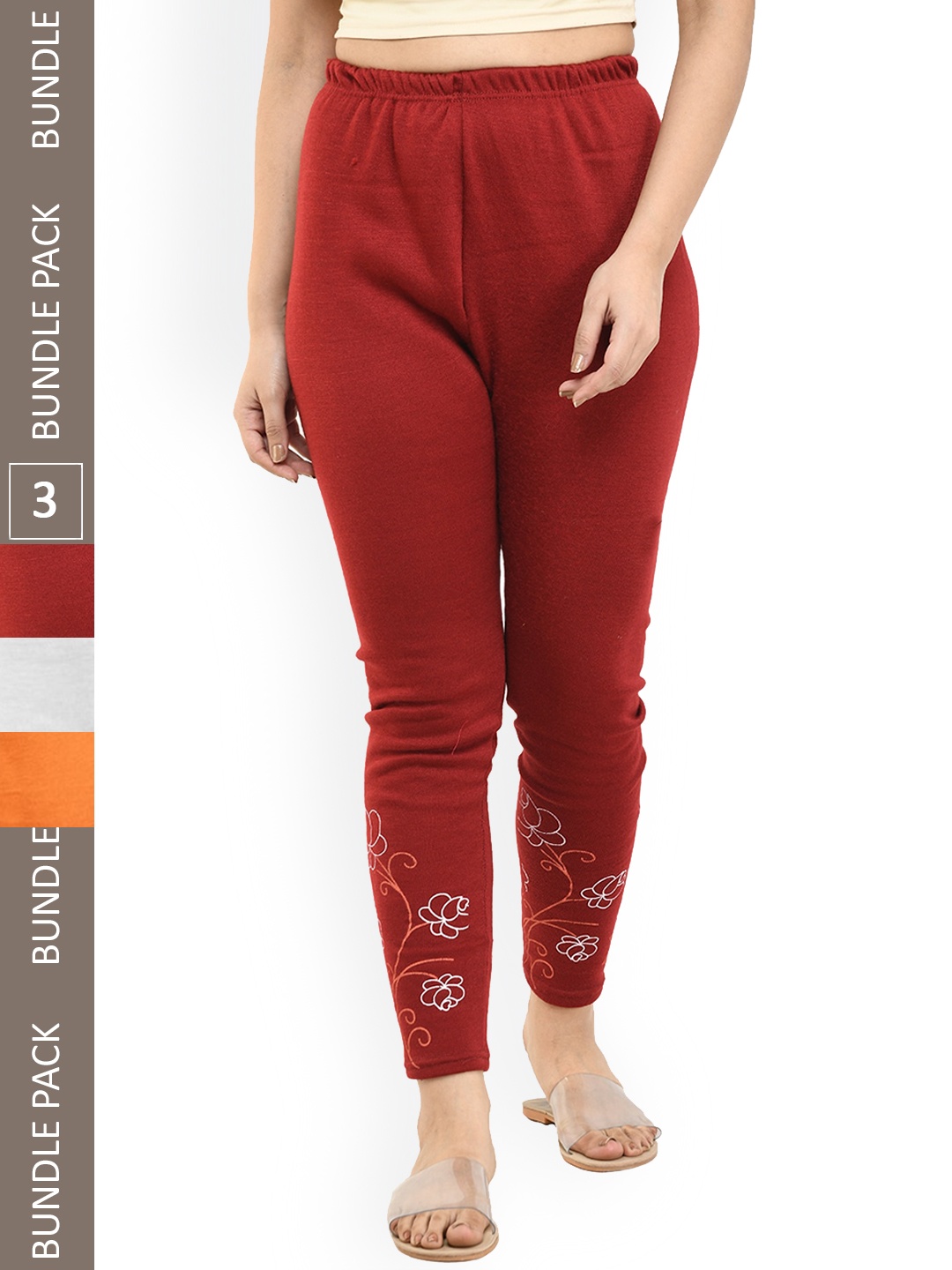 

IndiWeaves Pack Of 3 Printed Ankle-Length Woolen Leggings, Maroon