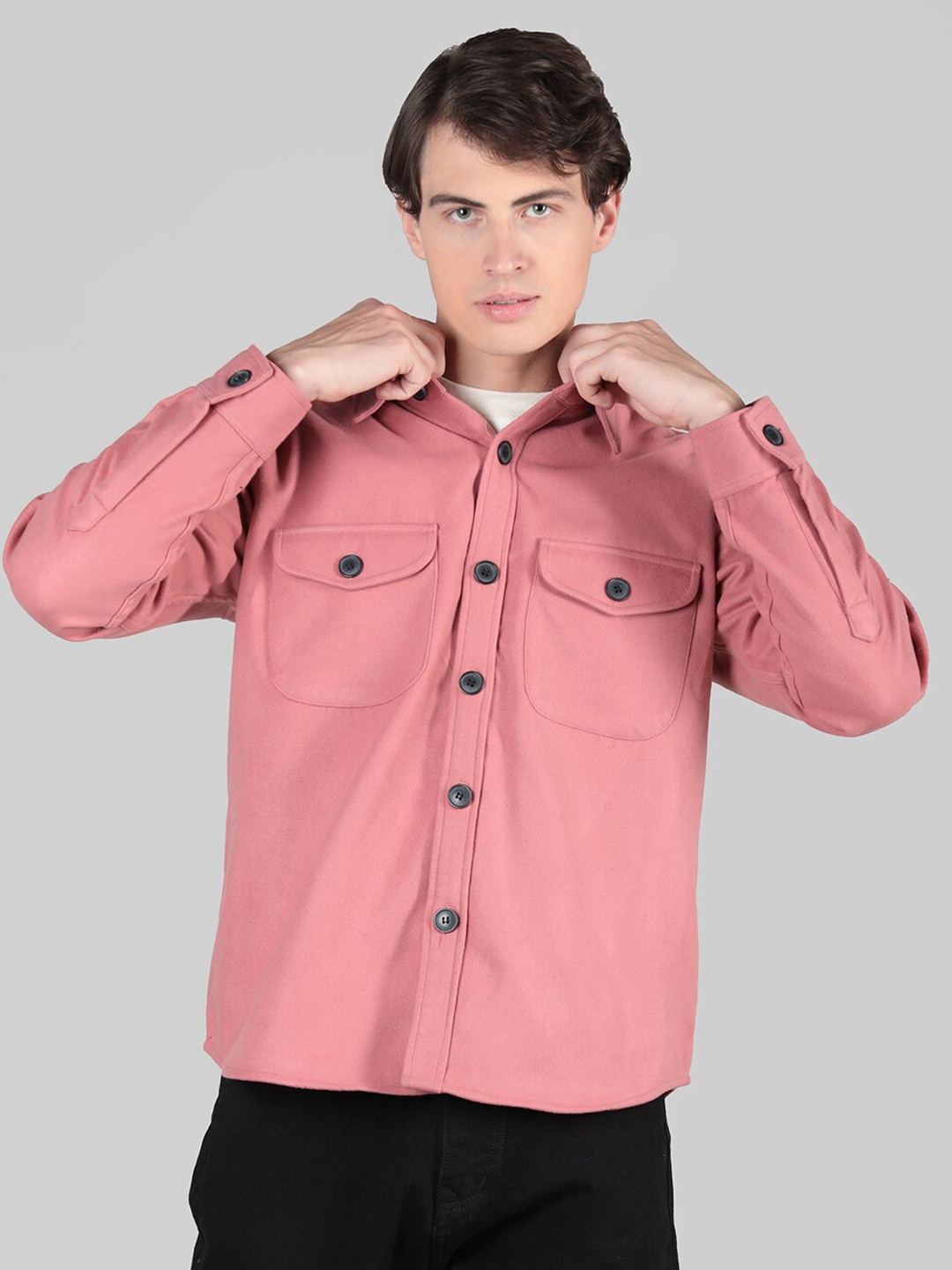 Dlanxa Spread Collar Casual Shackets, Pink
