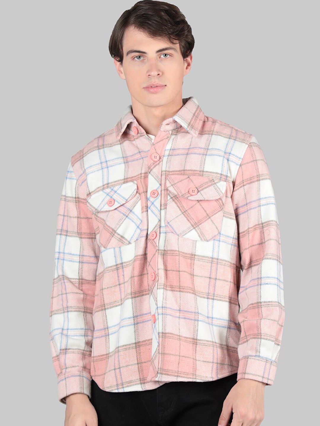 

Dlanxa Tartan Checked Spread Collar Casual Shackets, Pink