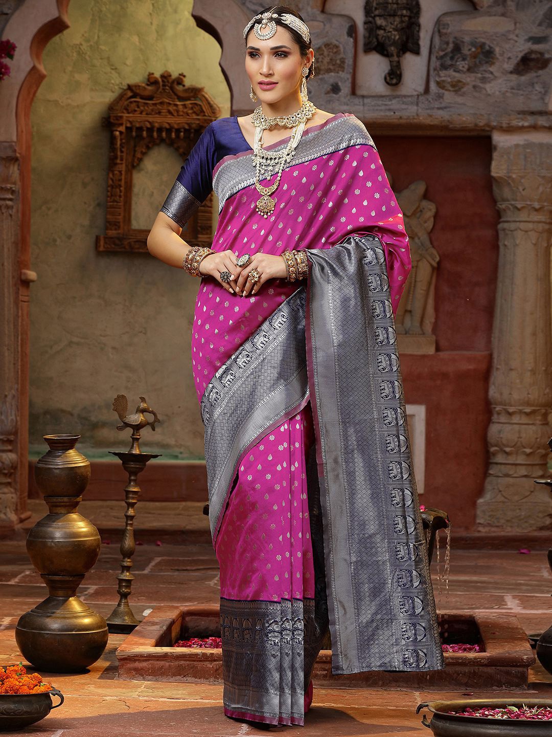 

Mitera Pink & Navy Blue Ethnic Motifs Woven Design Zari Banarasi Saree